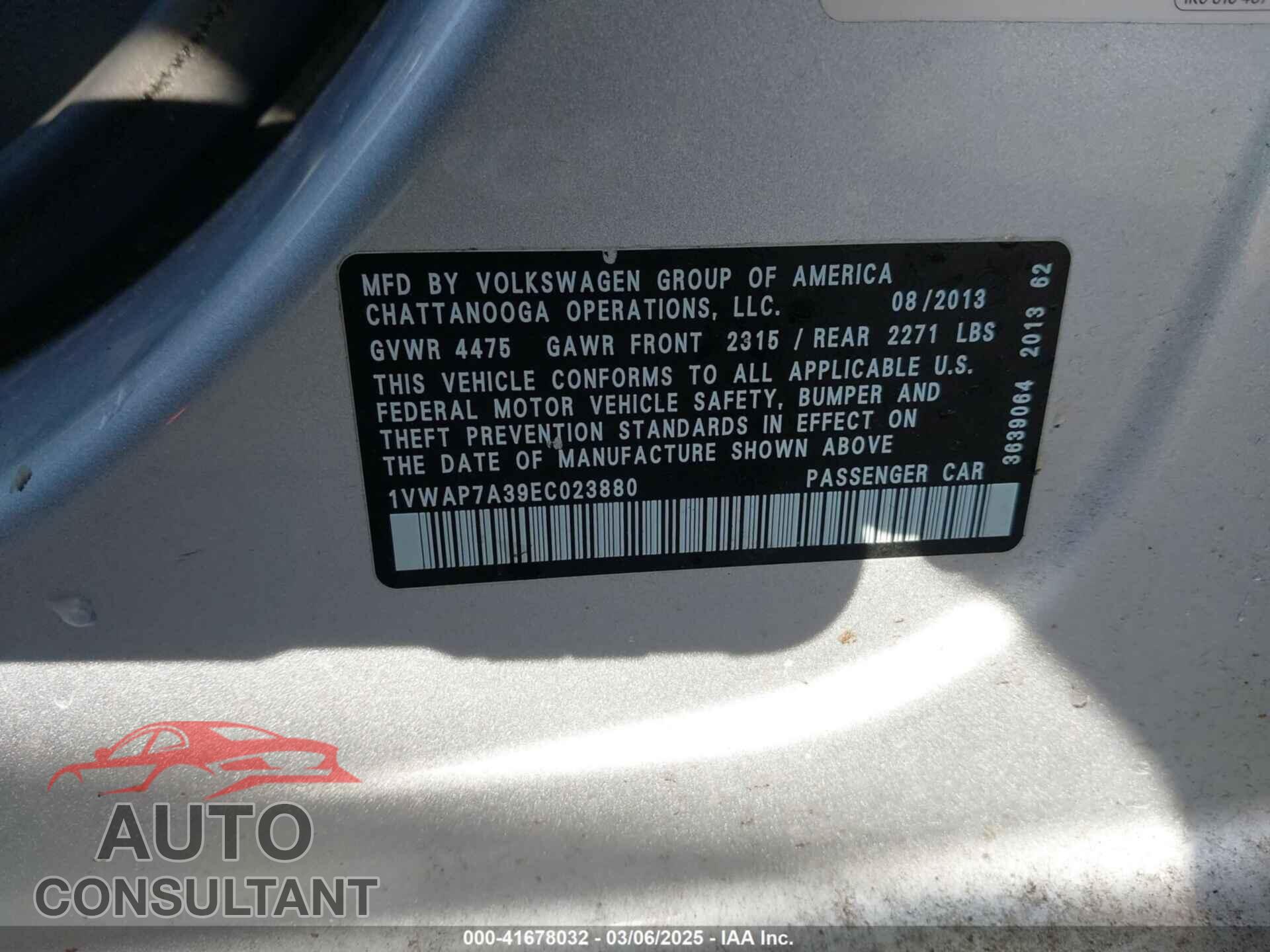 VOLKSWAGEN PASSAT 2014 - 1VWAP7A39EC023880