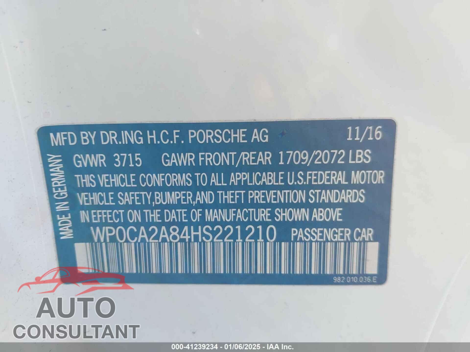 PORSCHE 718 BOXSTER 2017 - WP0CA2A84HS221210