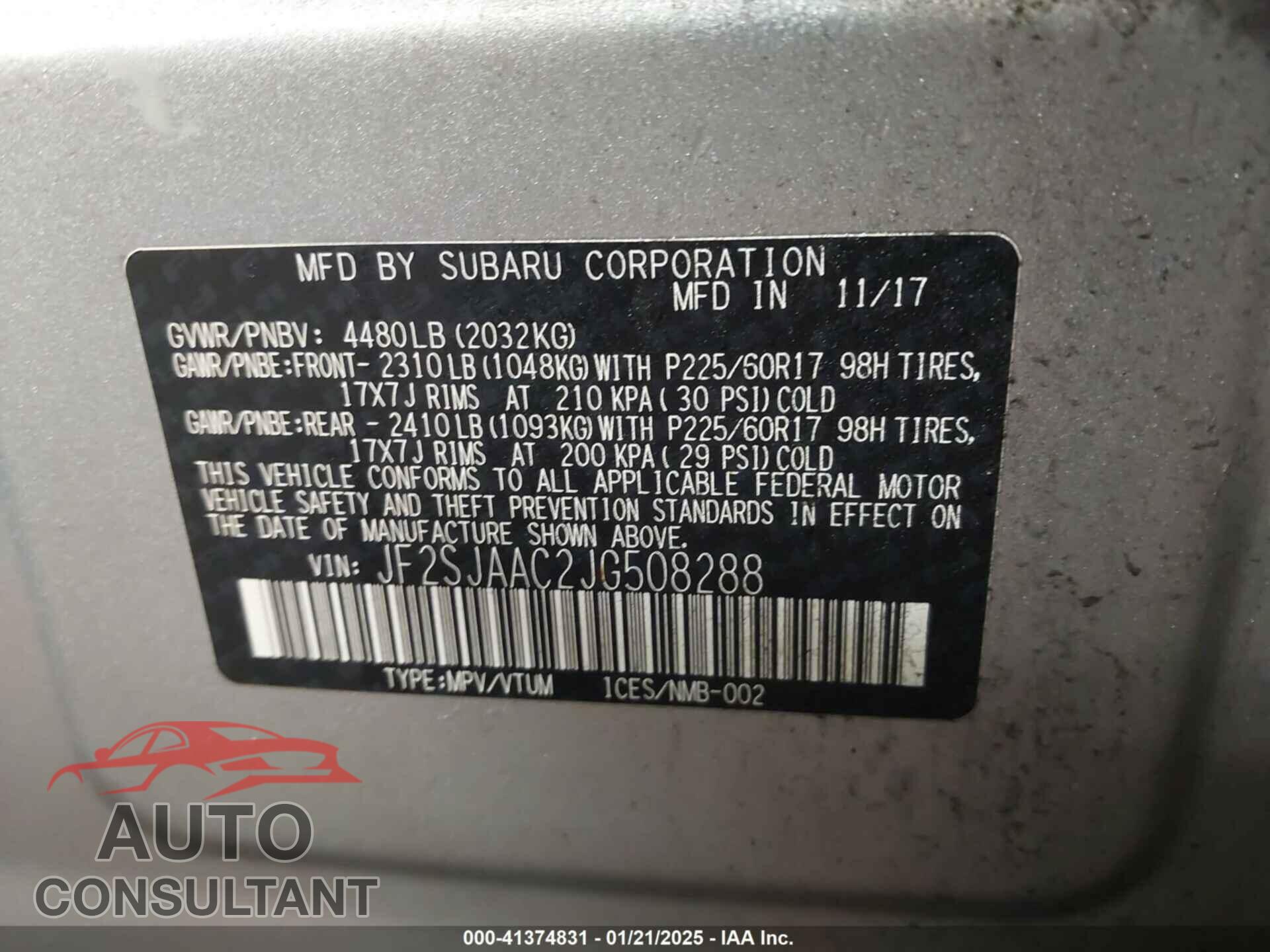 SUBARU FORESTER 2018 - JF2SJAAC2JG508288