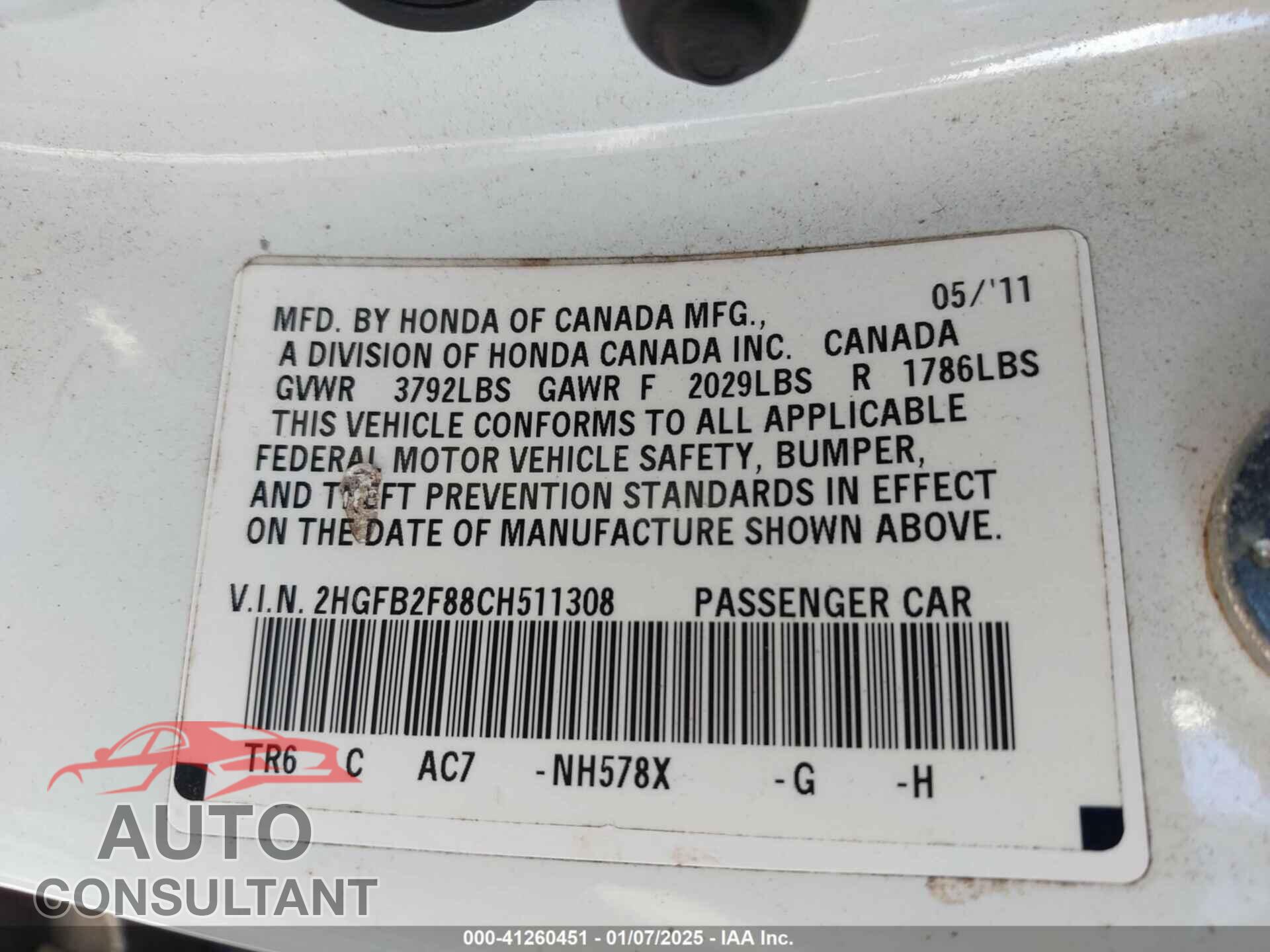 HONDA CIVIC 2012 - 2HGFB2F88CH511308