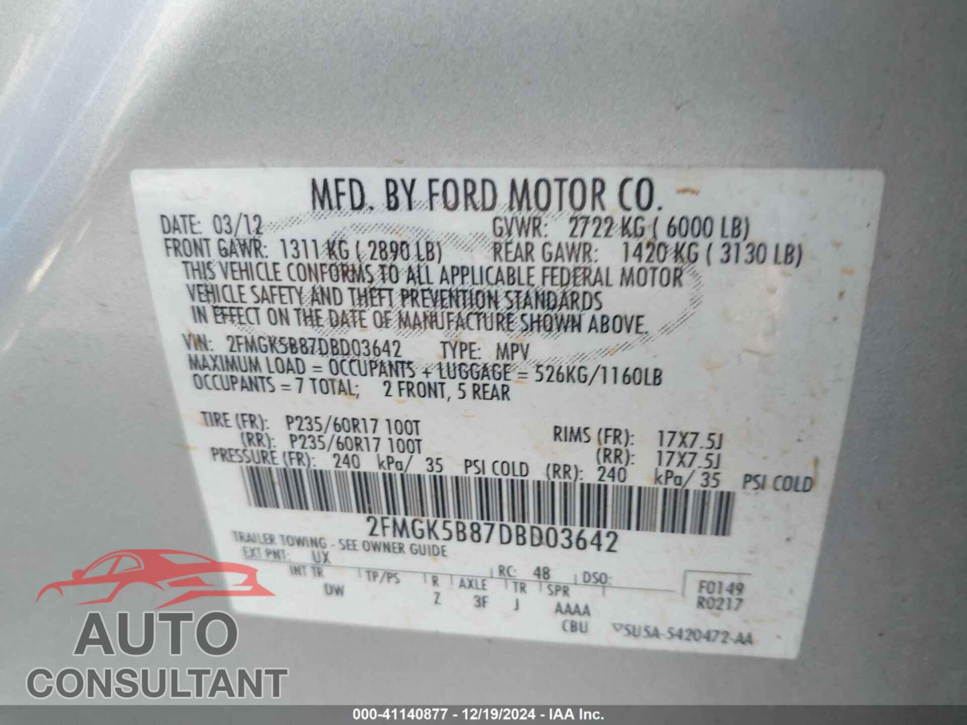 FORD FLEX 2013 - 2FMGK5B87DBD03642
