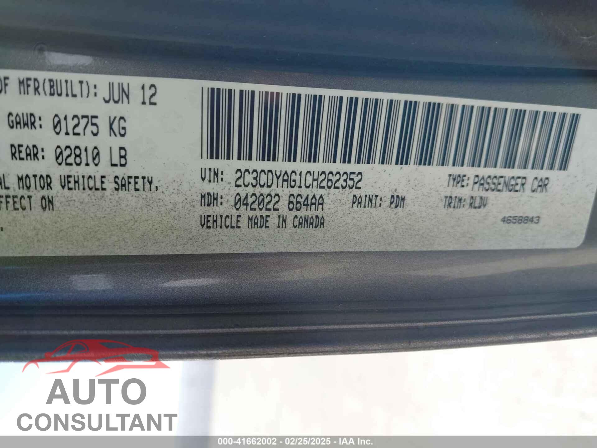 DODGE CHALLENGER 2012 - 2C3CDYAG1CH262352