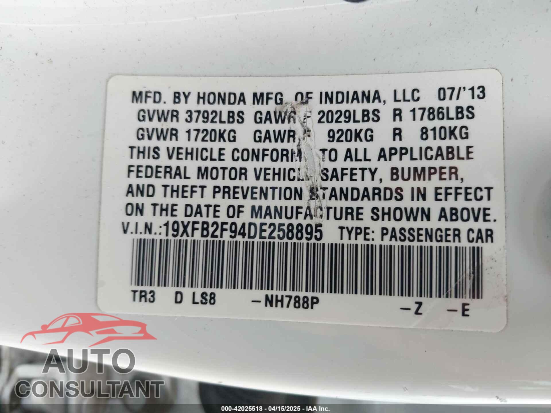 HONDA CIVIC 2013 - 19XFB2F94DE258895