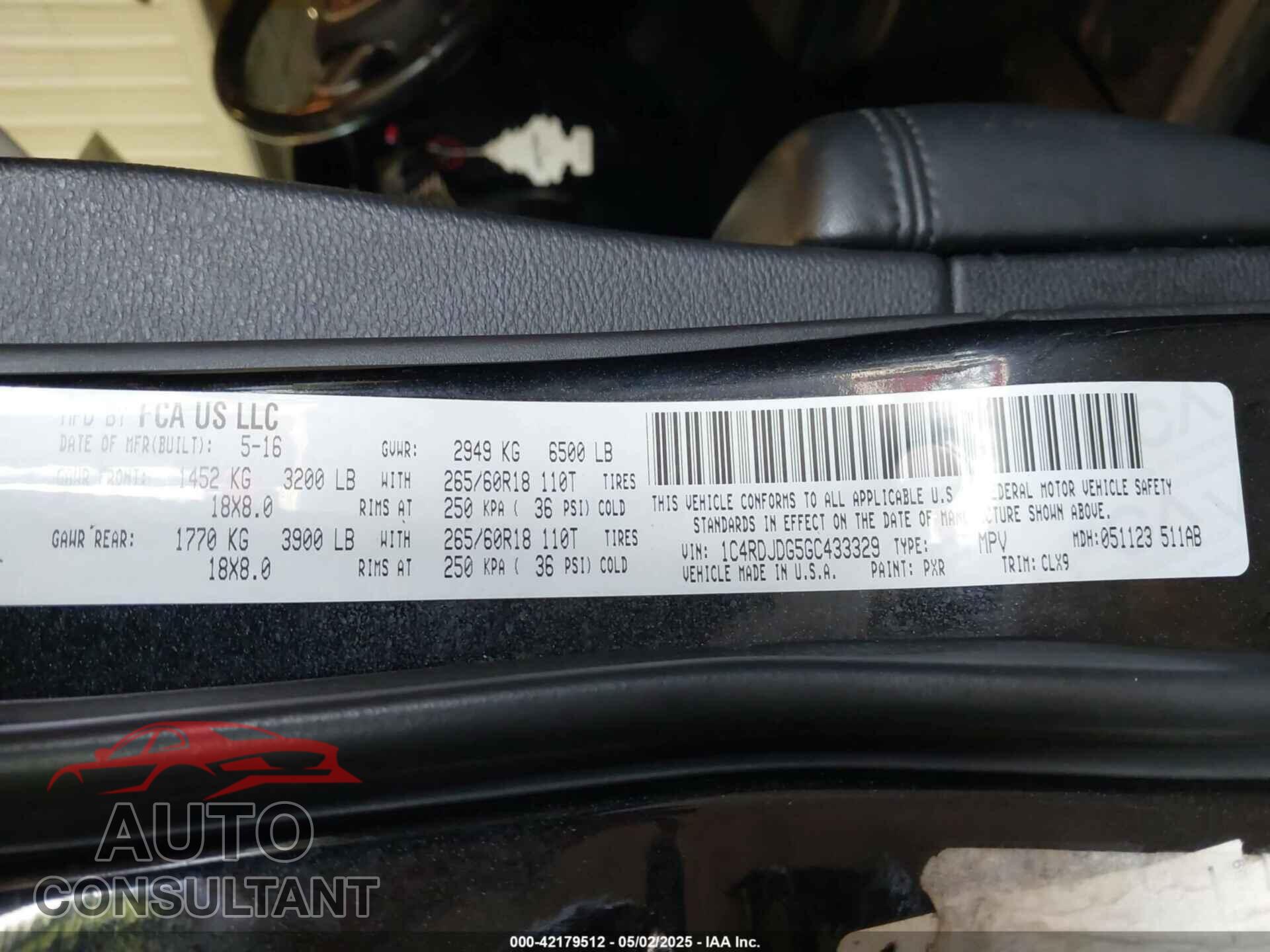 DODGE DURANGO 2016 - 1C4RDJDG5GC433329