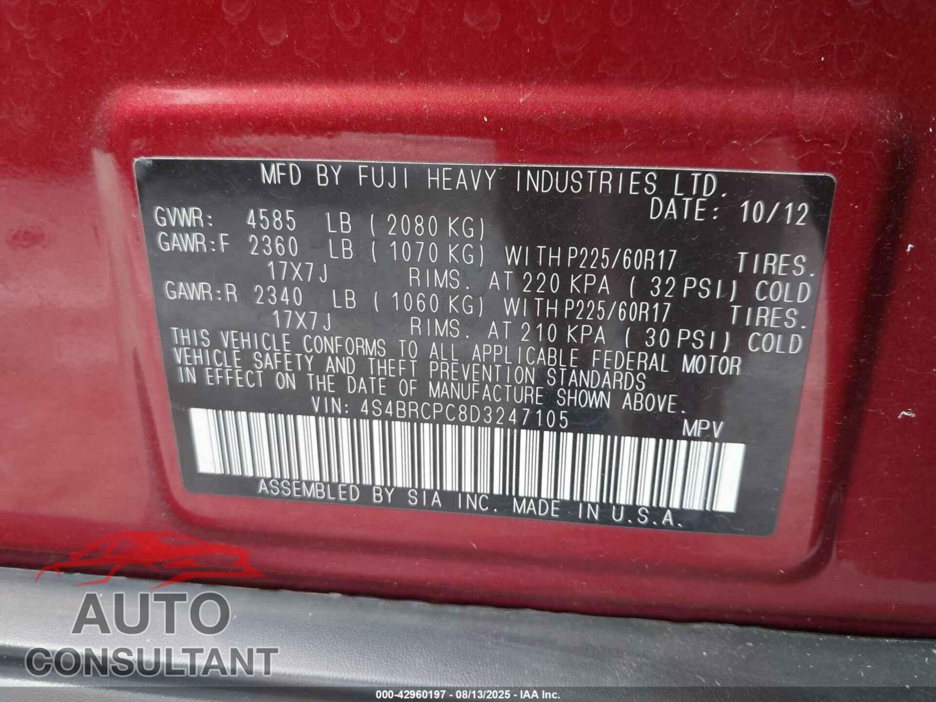 SUBARU OUTBACK 2013 - 4S4BRCPC8D3247105
