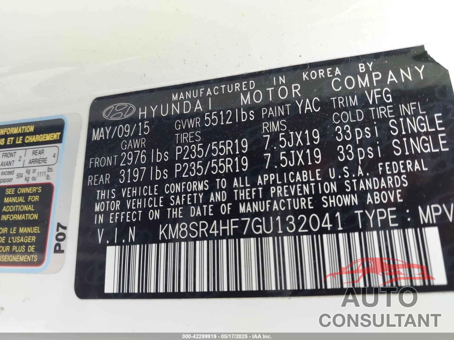HYUNDAI SANTA FE 2016 - KM8SR4HF7GU132041