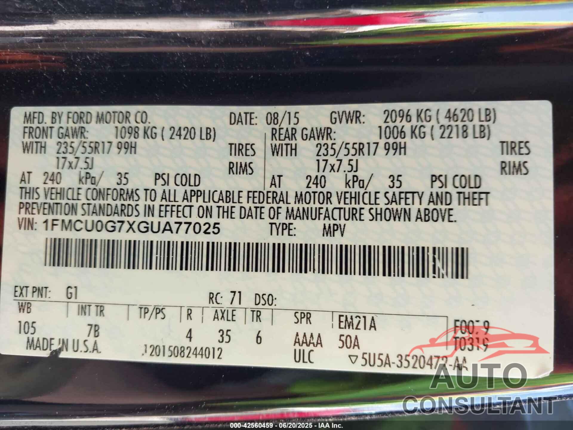 FORD ESCAPE 2016 - 1FMCU0G7XGUA77025