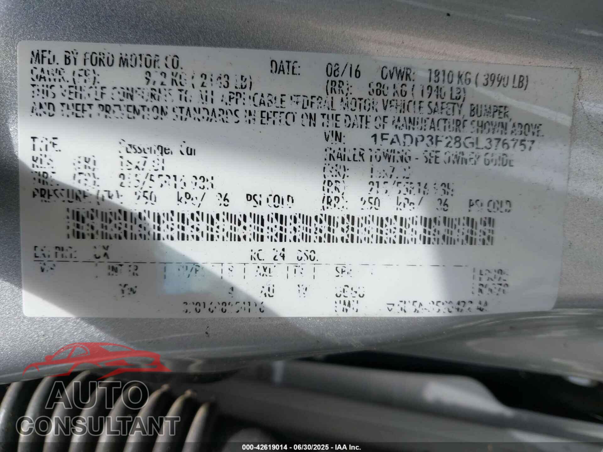 FORD FOCUS 2016 - 1FADP3F28GL376757