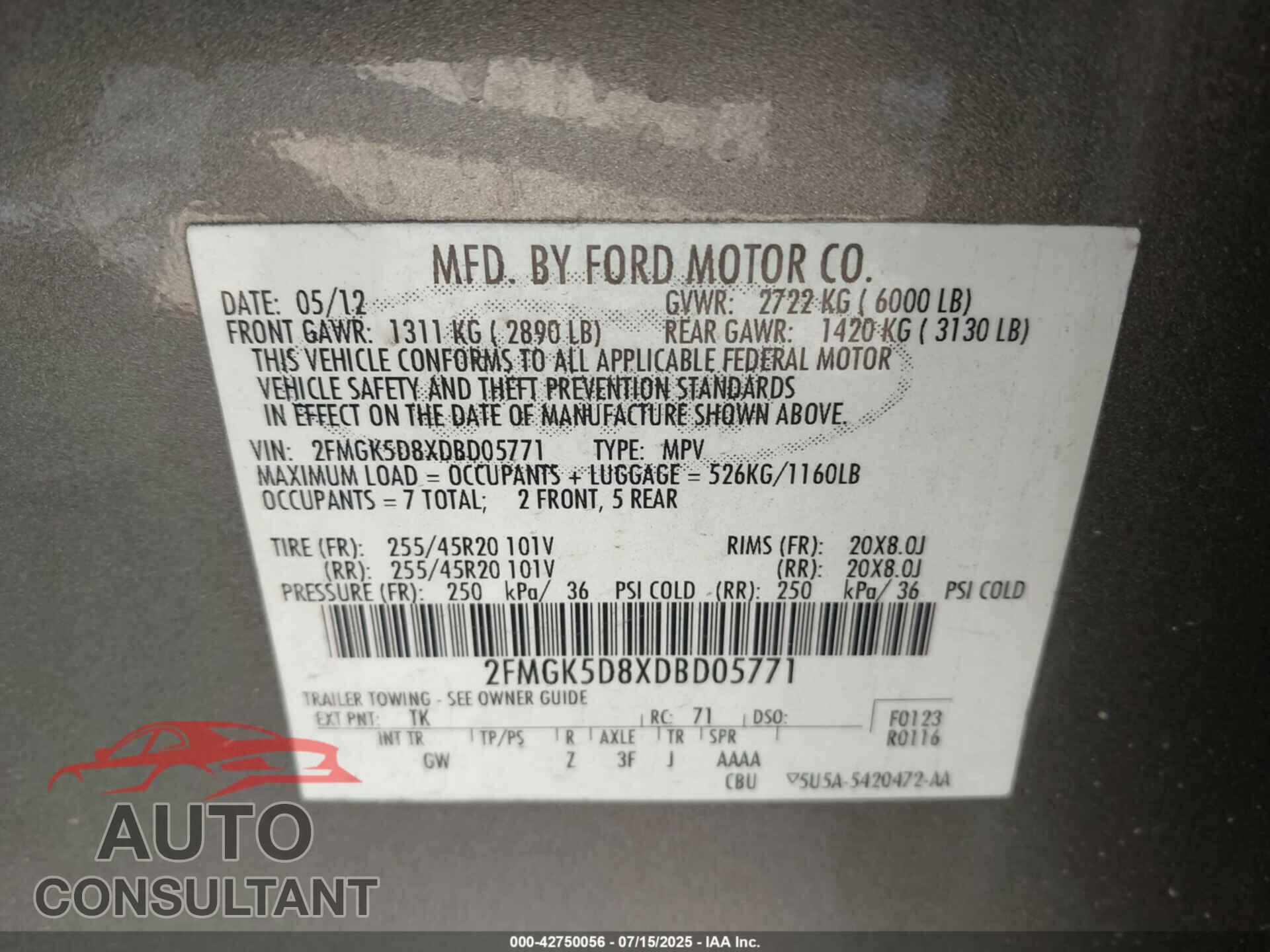 FORD FLEX 2013 - 2FMGK5D8XDBD05771