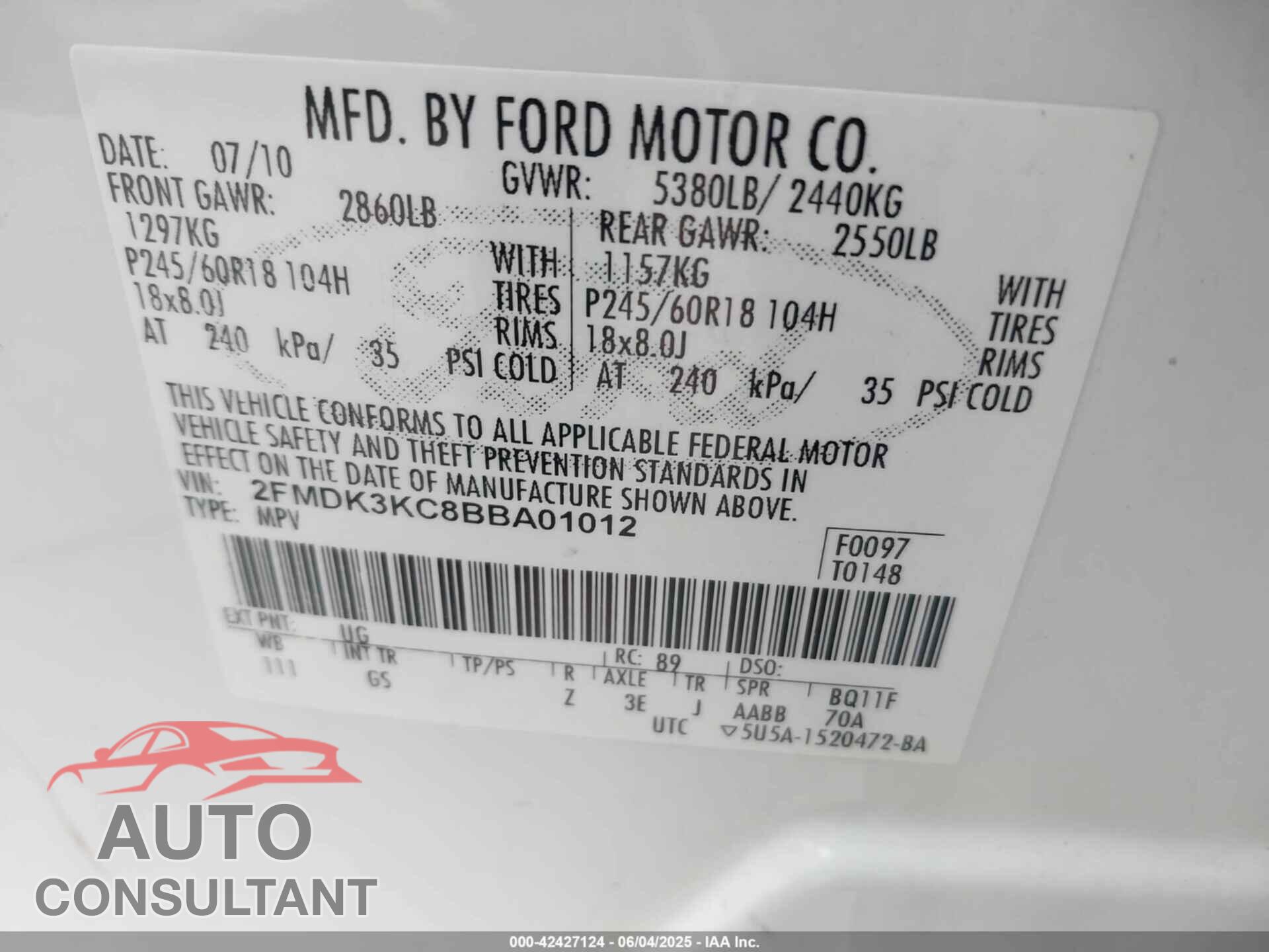 FORD EDGE 2011 - 2FMDK3KC8BBA01012