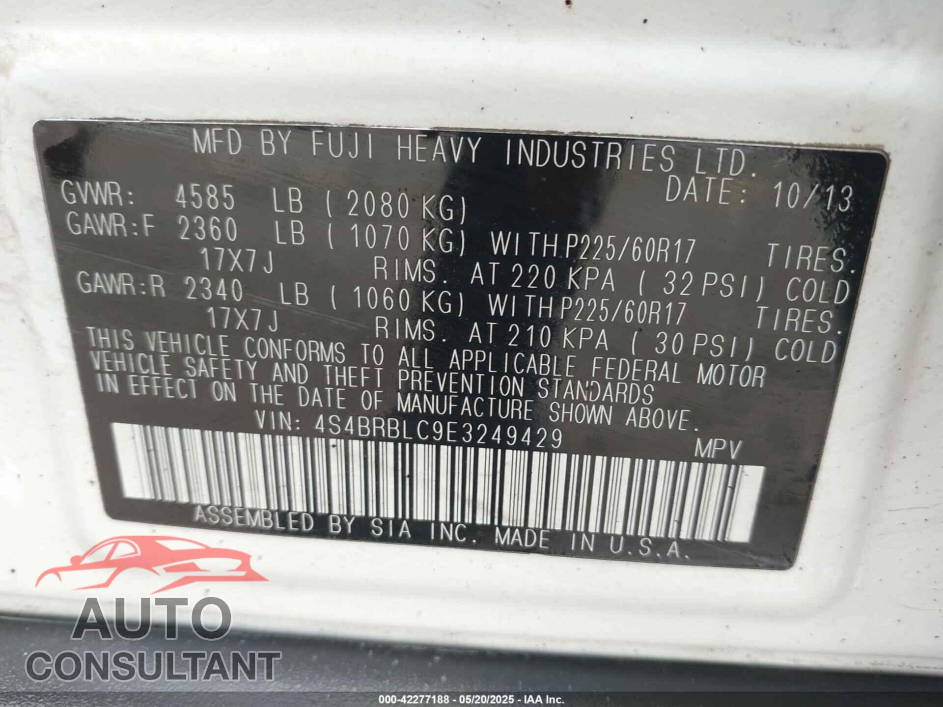 SUBARU OUTBACK 2014 - 4S4BRBLC9E3249429