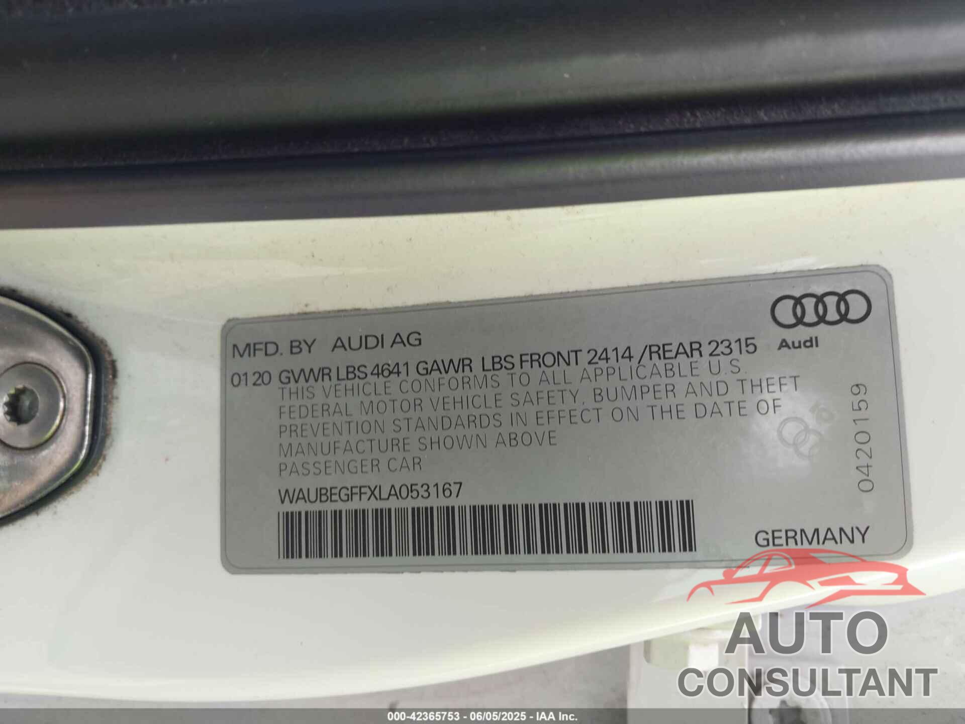 AUDI A3 2020 - WAUBEGFFXLA053167