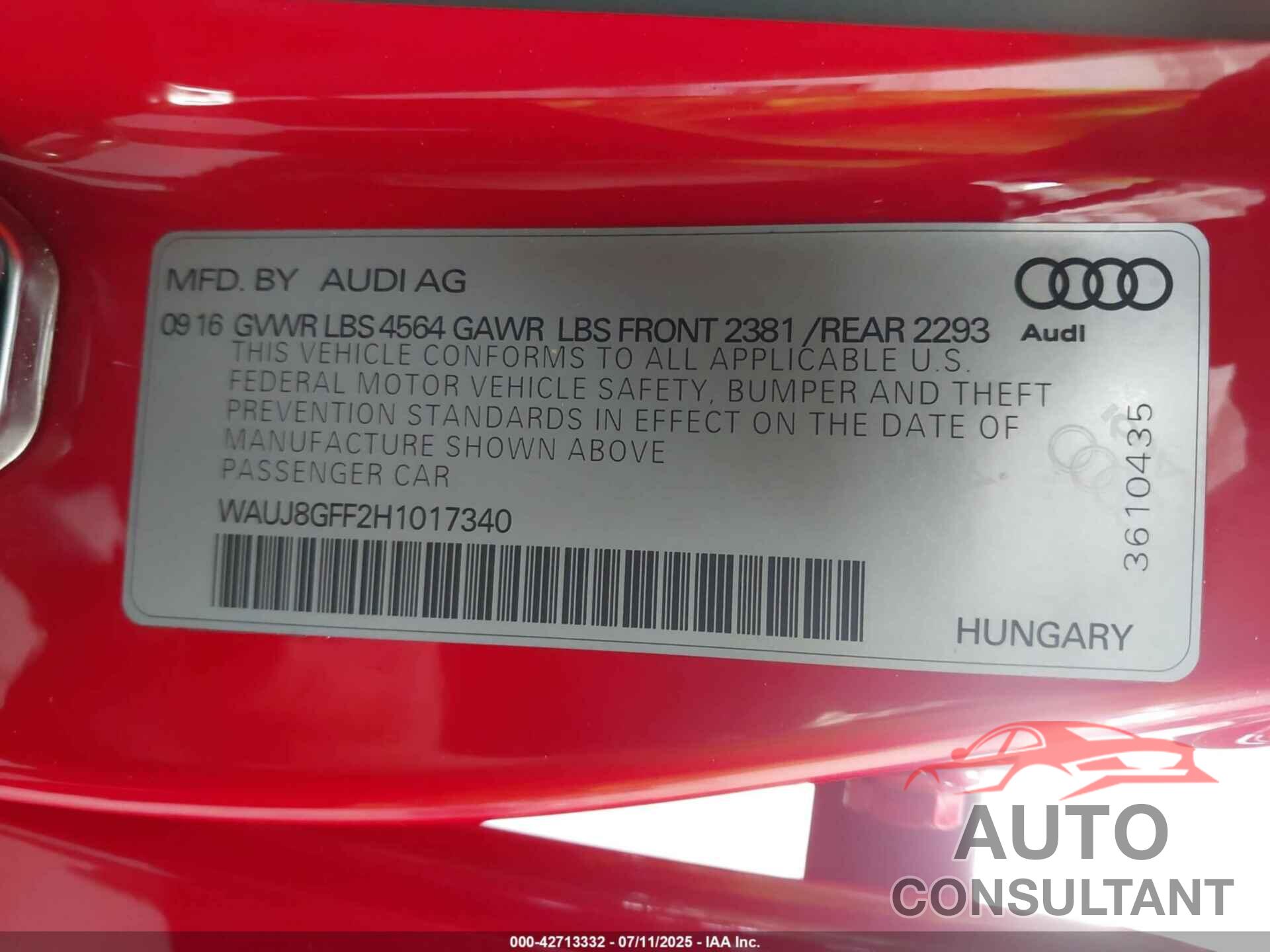AUDI A3 2017 - WAUJ8GFF2H1017340