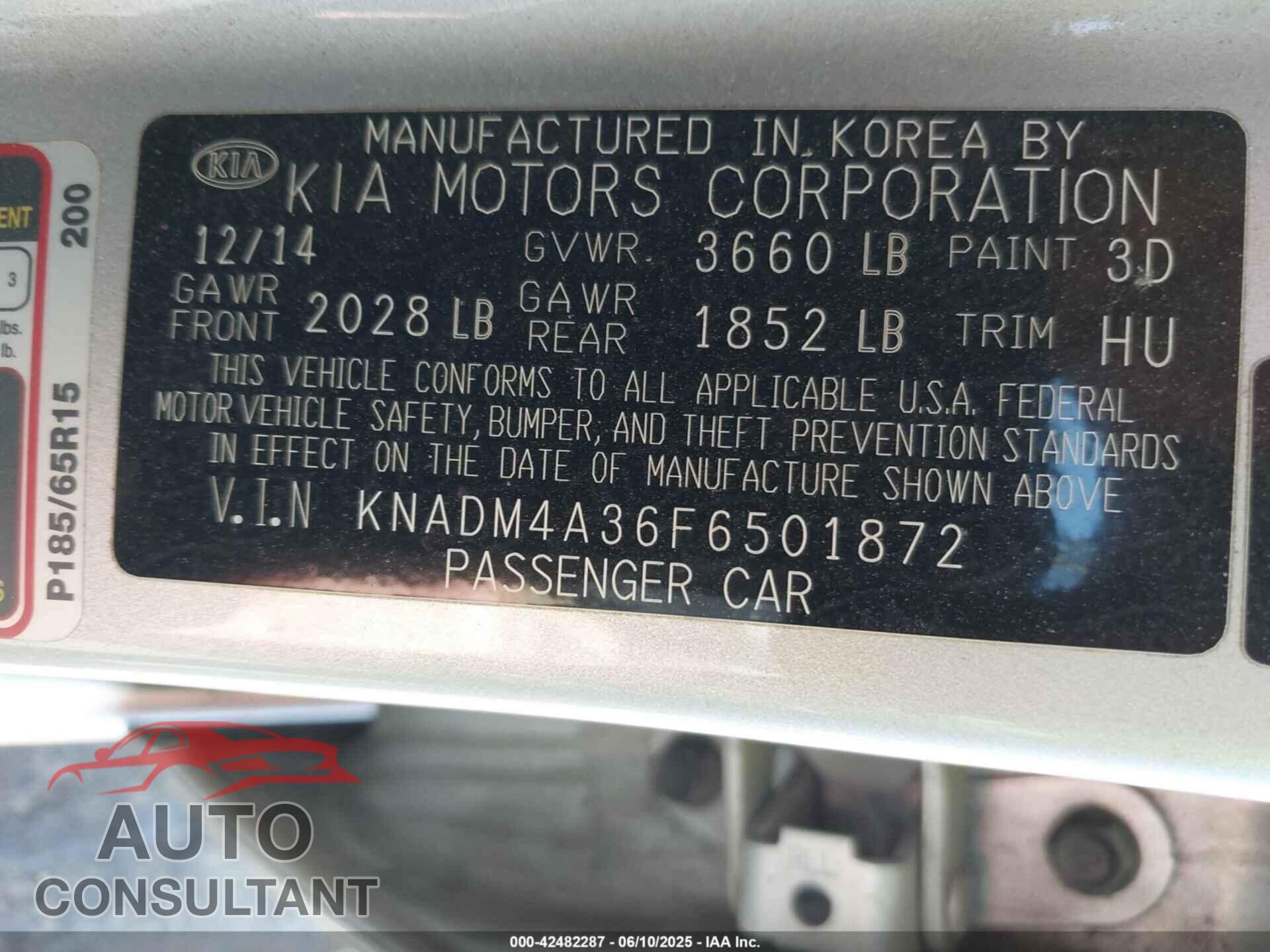 KIA RIO 2015 - KNADM4A36F6501872