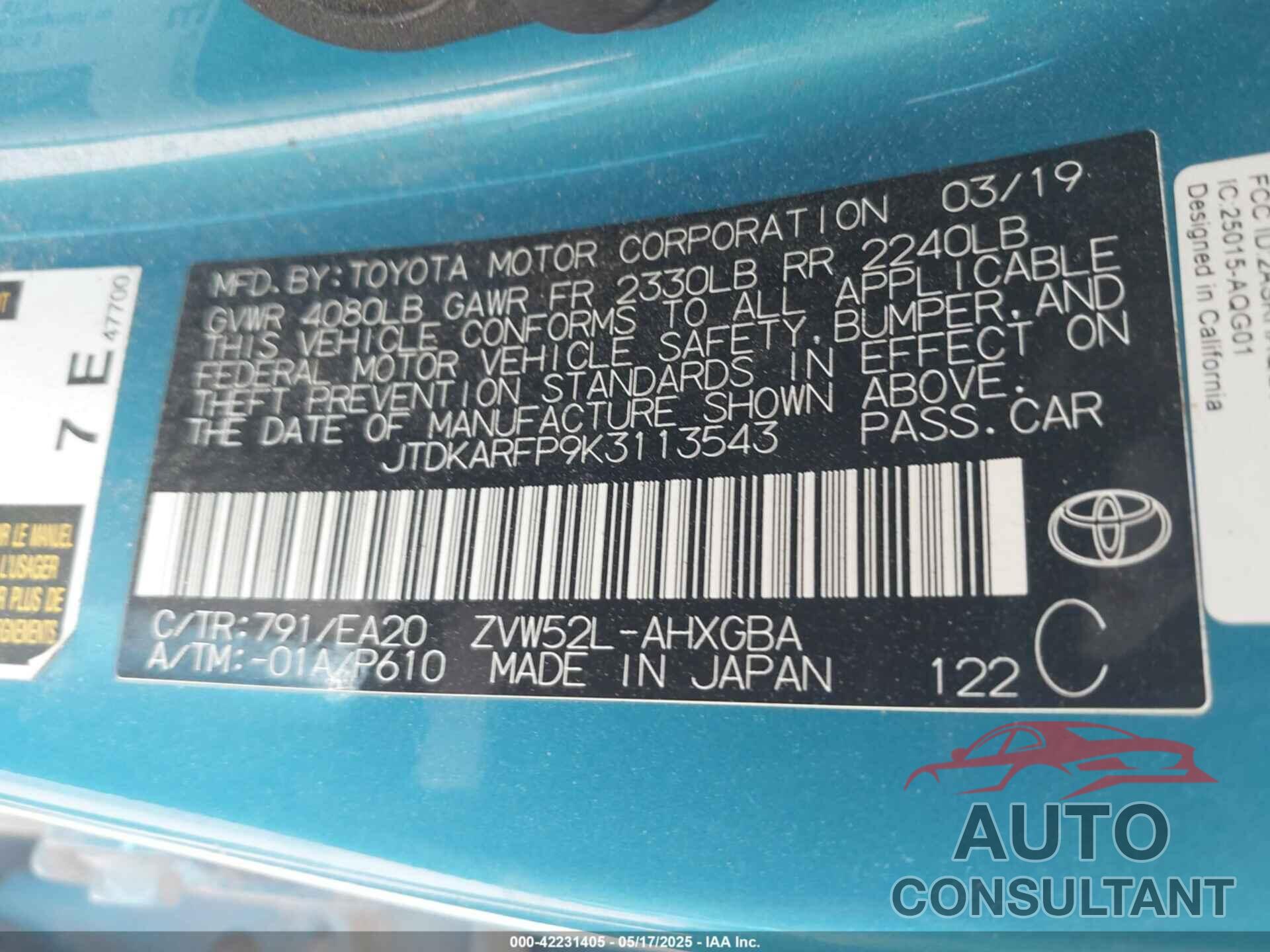 TOYOTA PRIUS PRIME 2019 - JTDKARFP9K3113543
