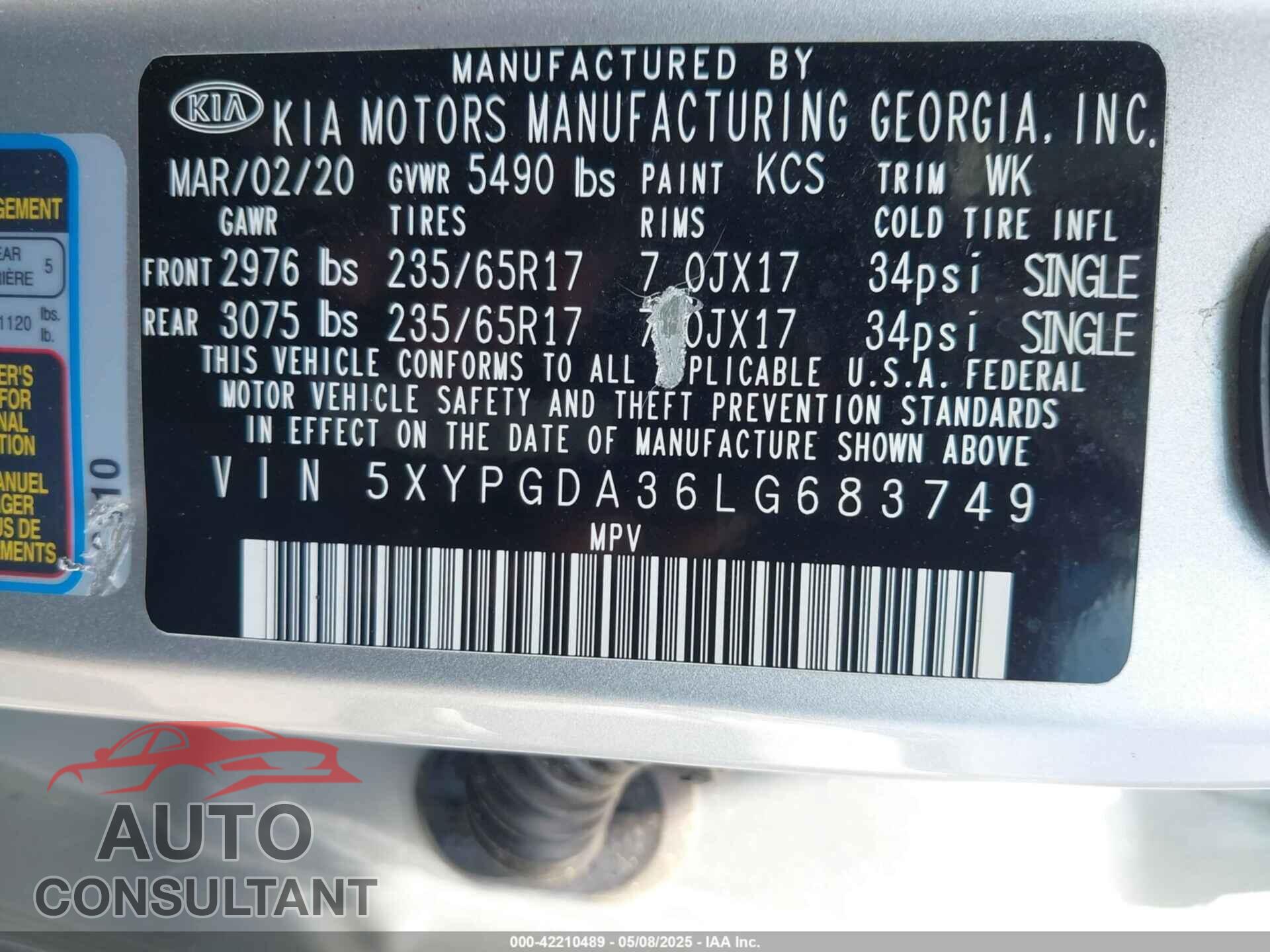 KIA SORENTO 2020 - 5XYPGDA36LG683749