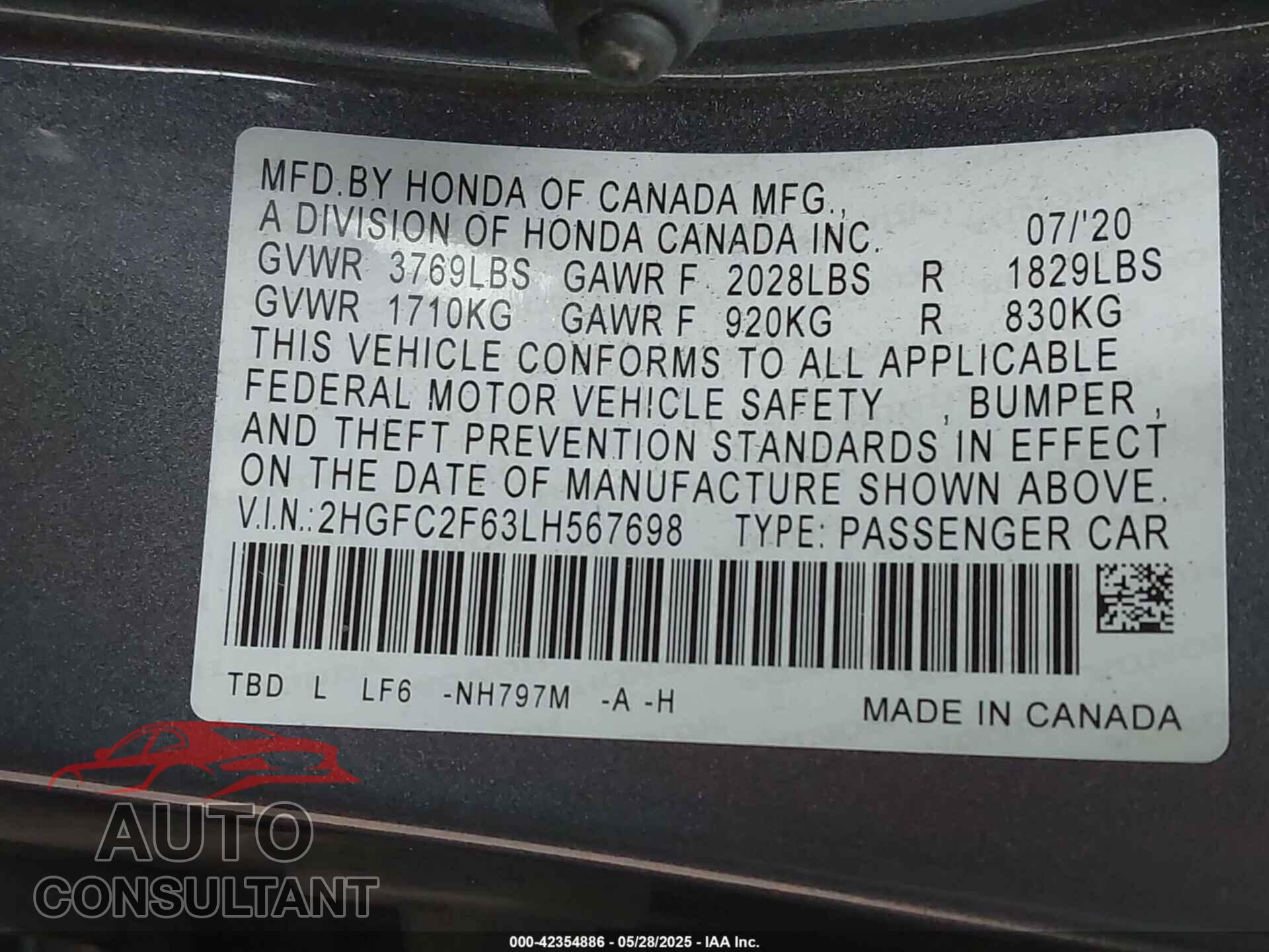HONDA CIVIC 2020 - 2HGFC2F63LH567698