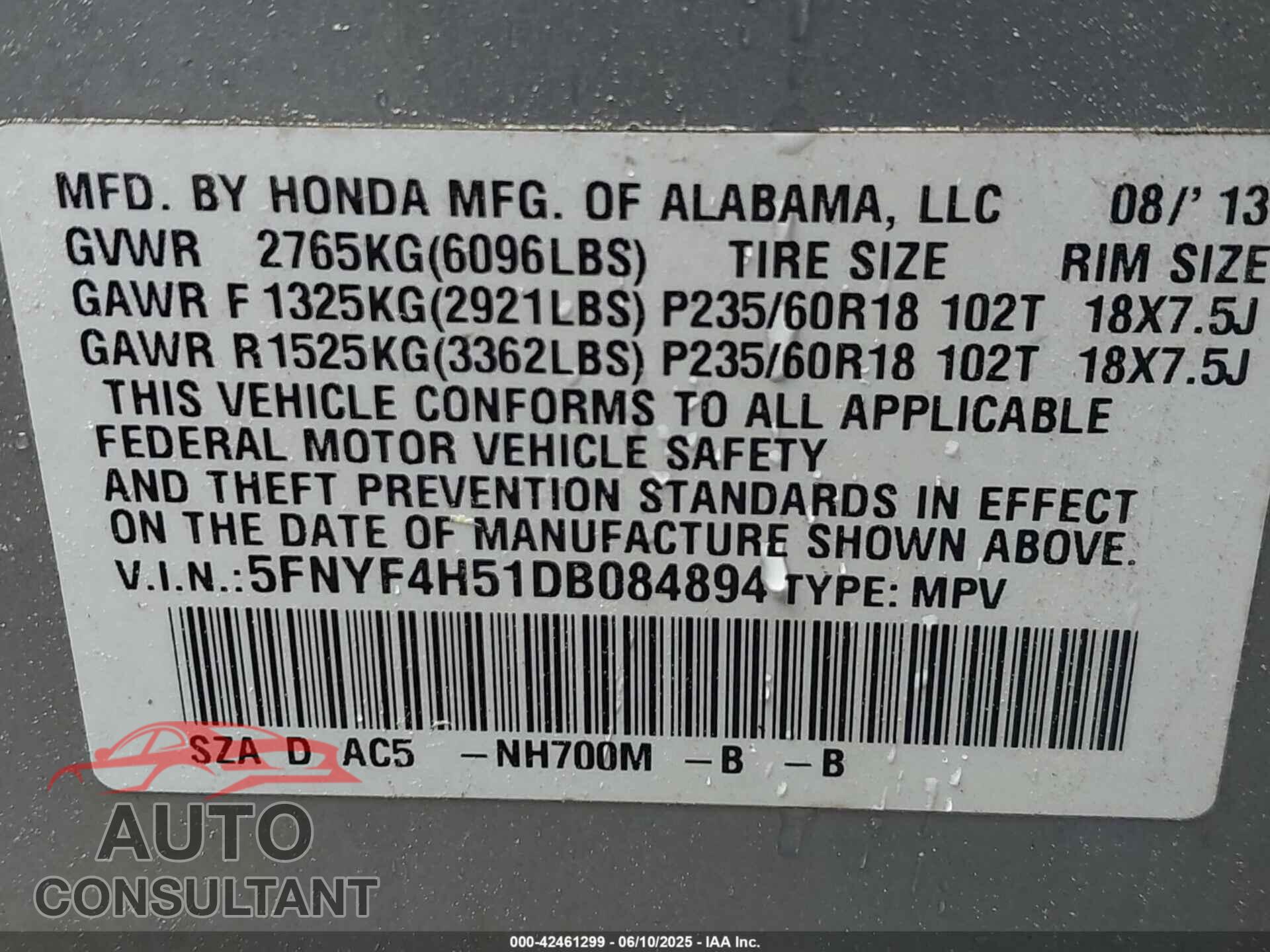 HONDA PILOT 2013 - 5FNYF4H51DB084894