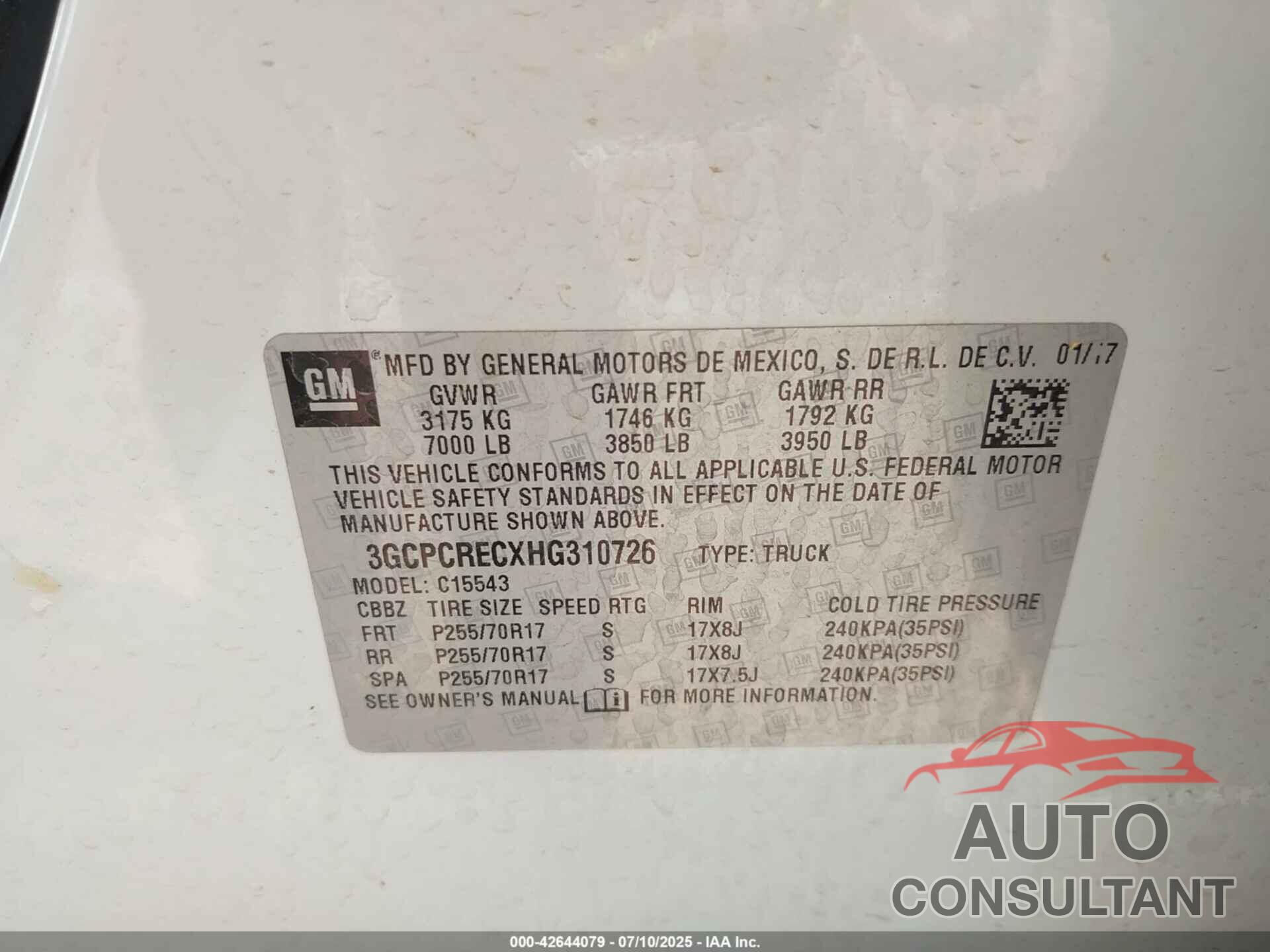 CHEVROLET SILVERADO 1500 2017 - 3GCPCRECXHG310726