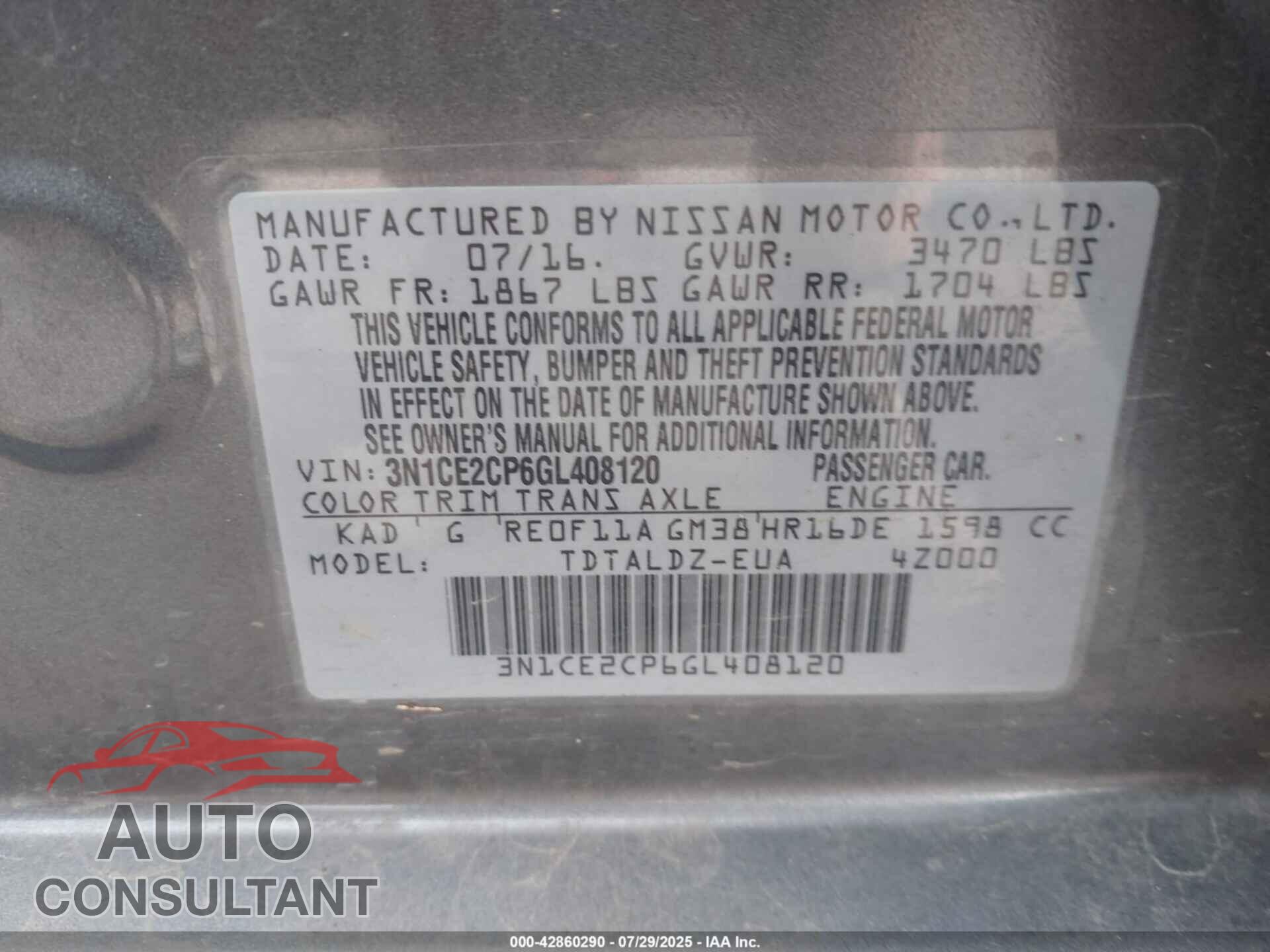 NISSAN VERSA NOTE 2016 - 3N1CE2CP6GL408120