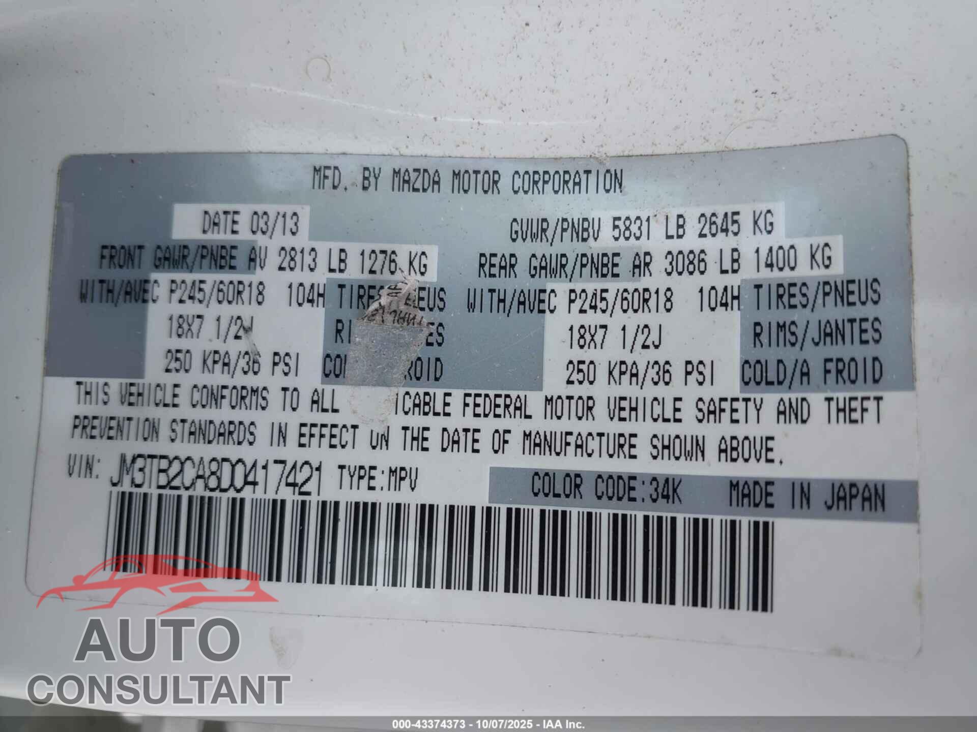 MAZDA CX-9 2013 - JM3TB2CA8D0417421