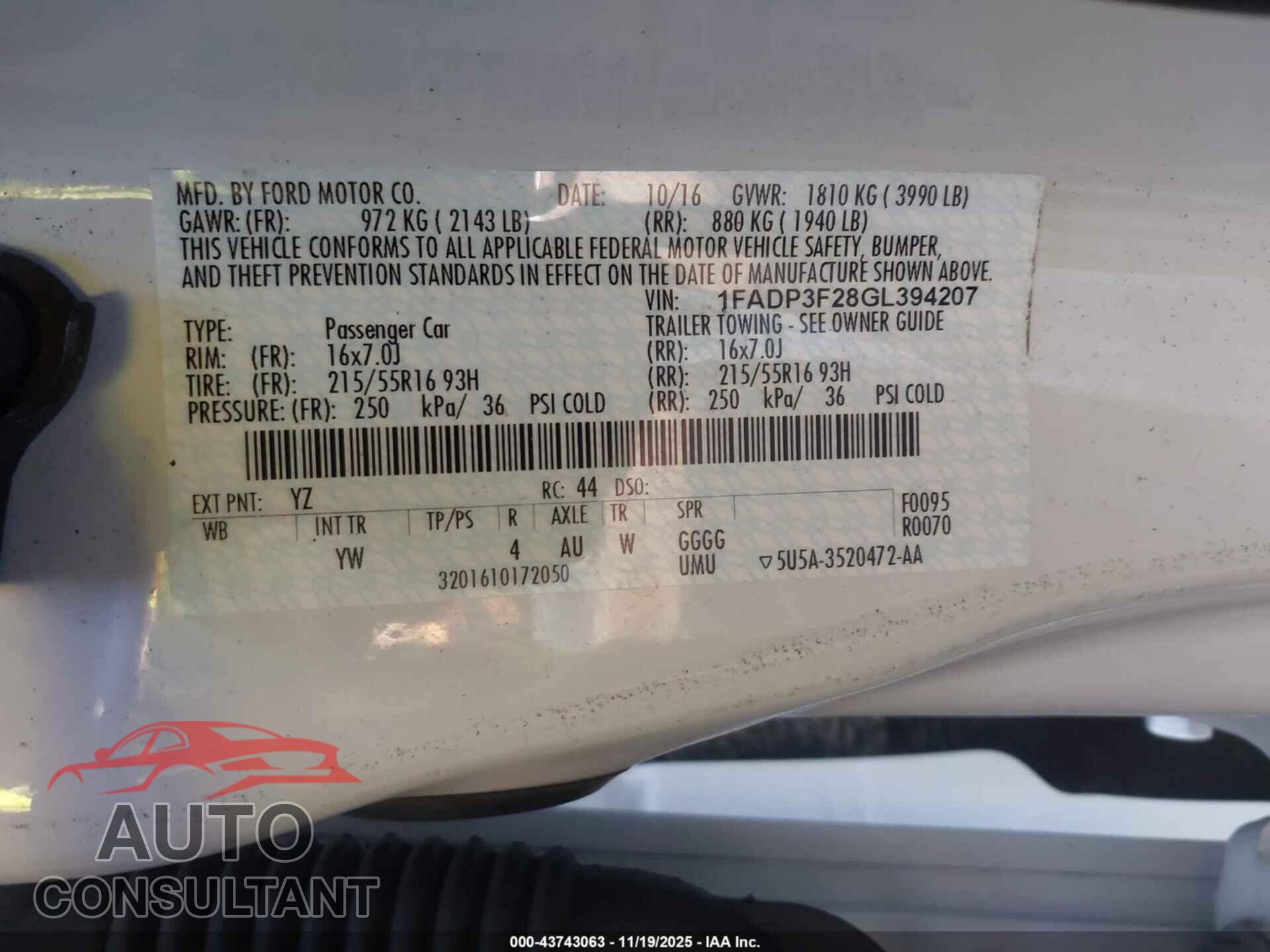 FORD FOCUS 2016 - 1FADP3F28GL394207