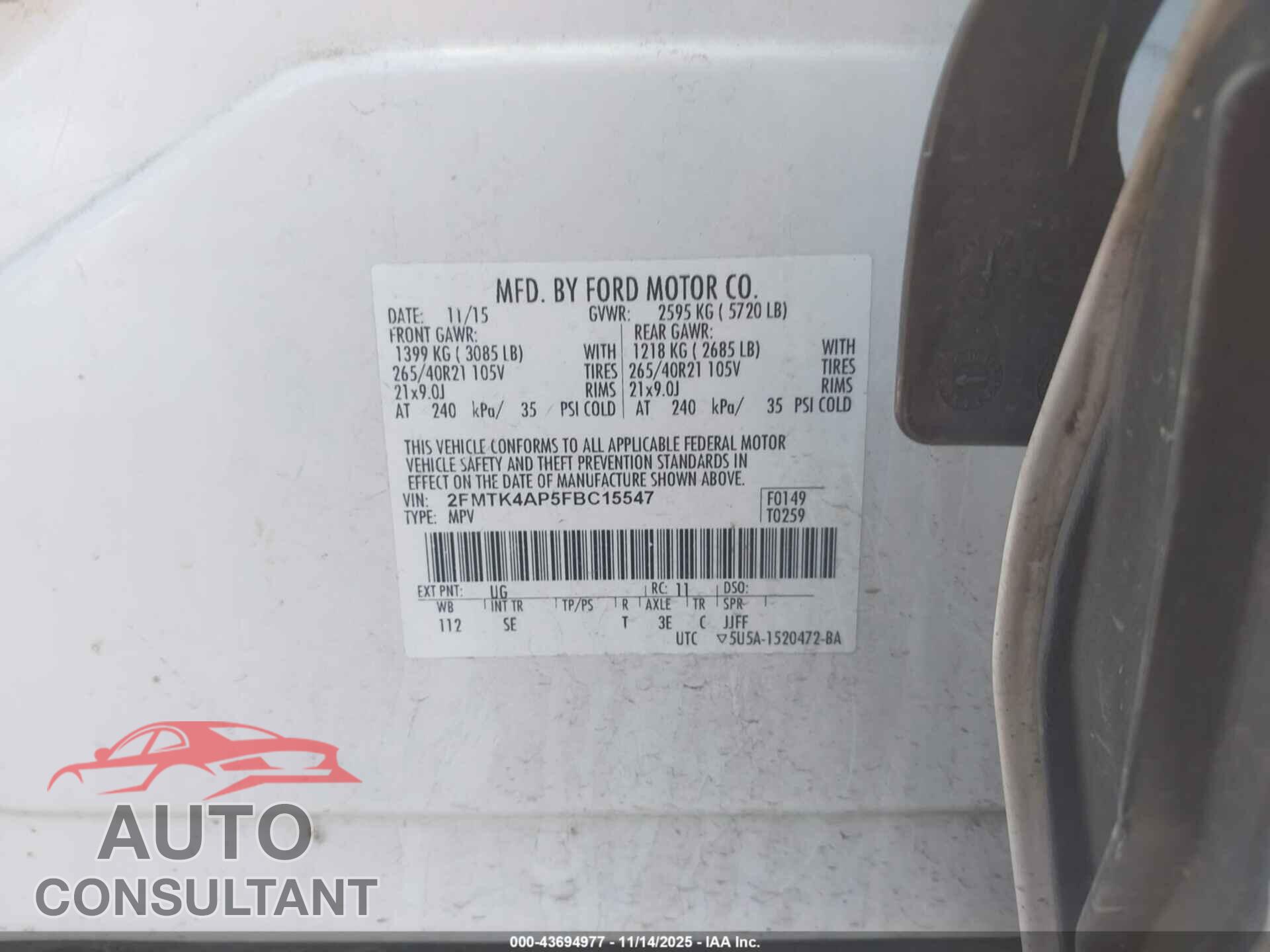 FORD EDGE 2015 - 2FMTK4AP5FBC15547