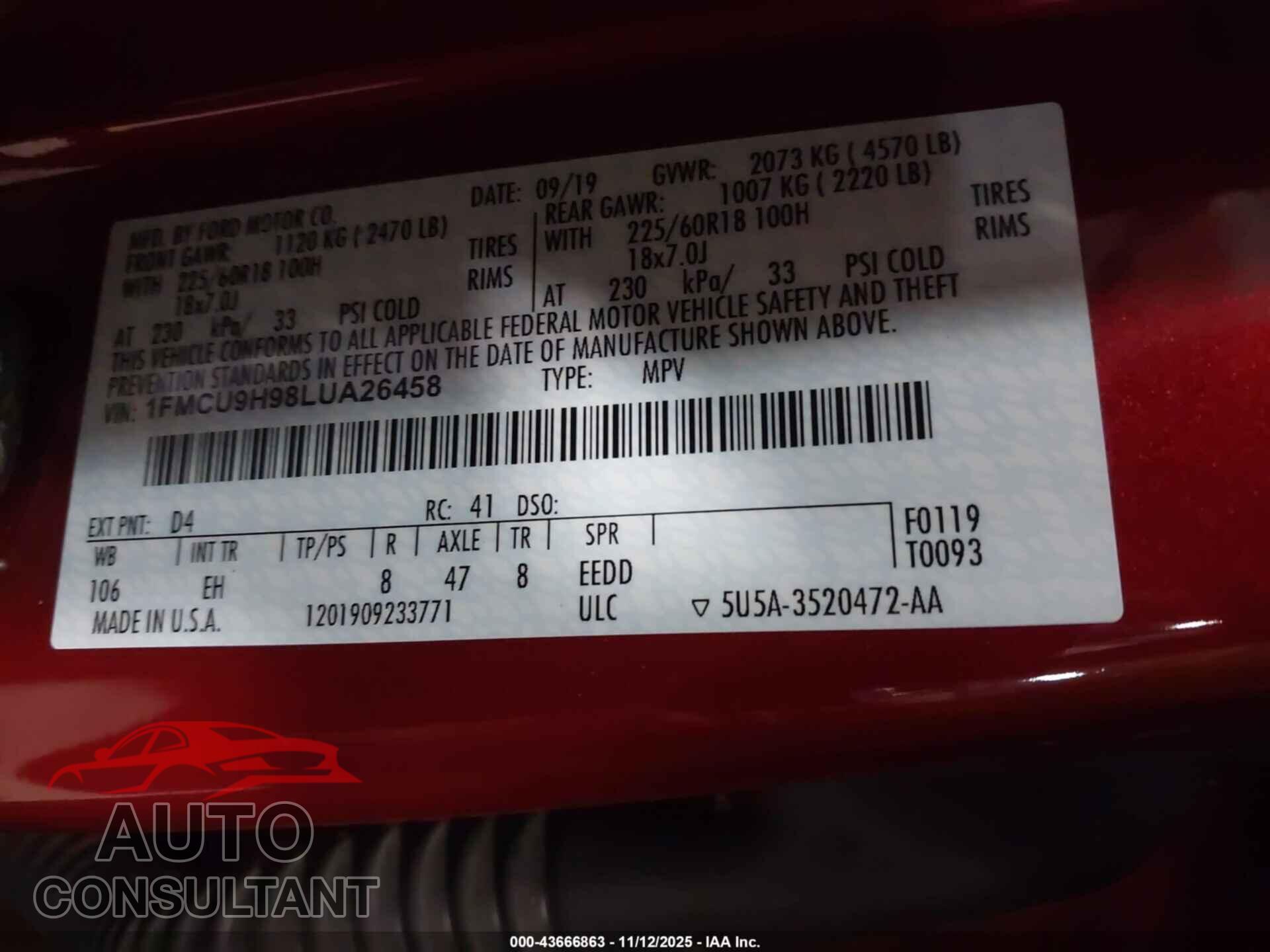 FORD ESCAPE 2020 - 1FMCU9H98LUA26458