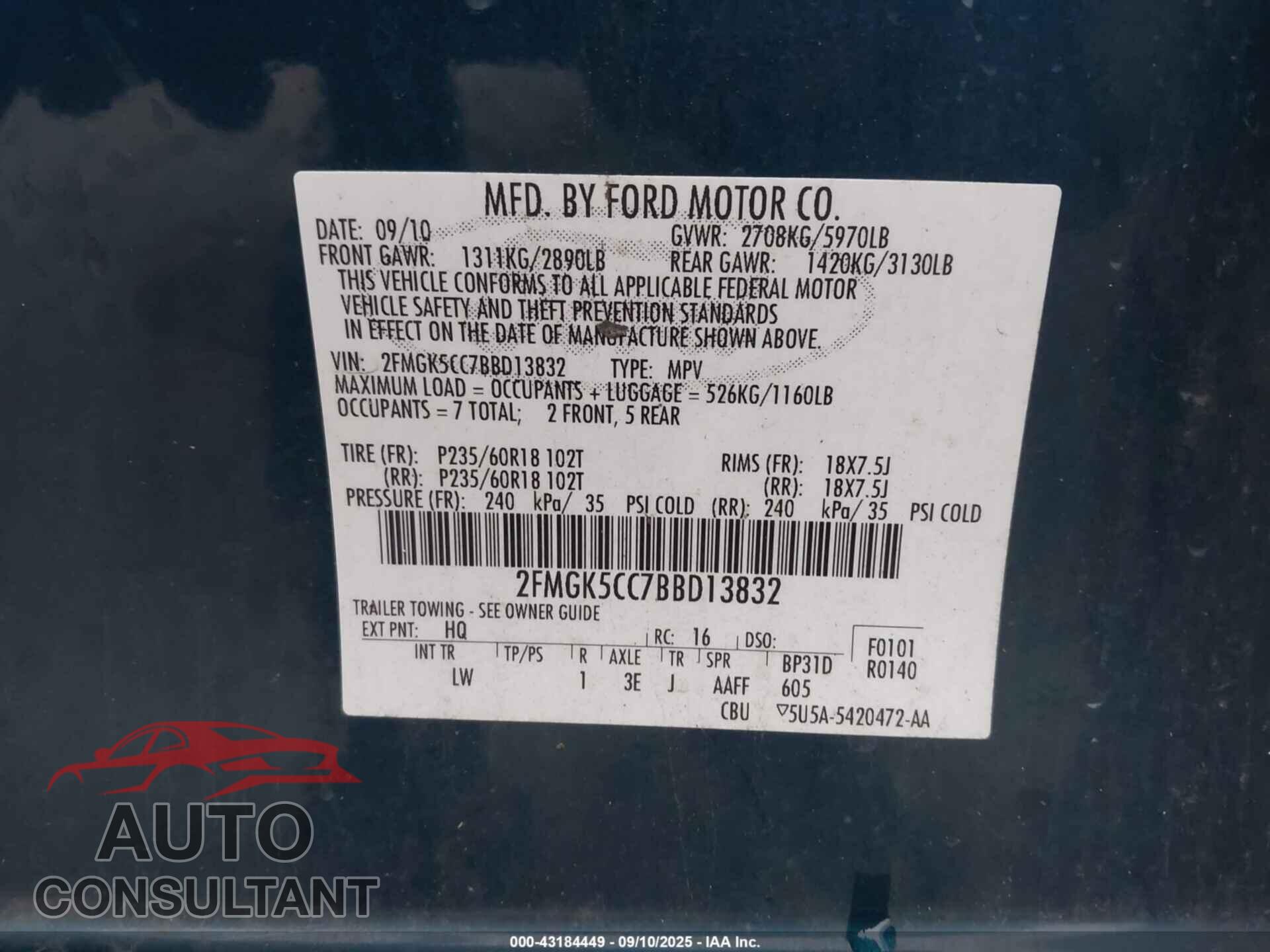 FORD FLEX 2011 - 2FMGK5CC7BBD13832