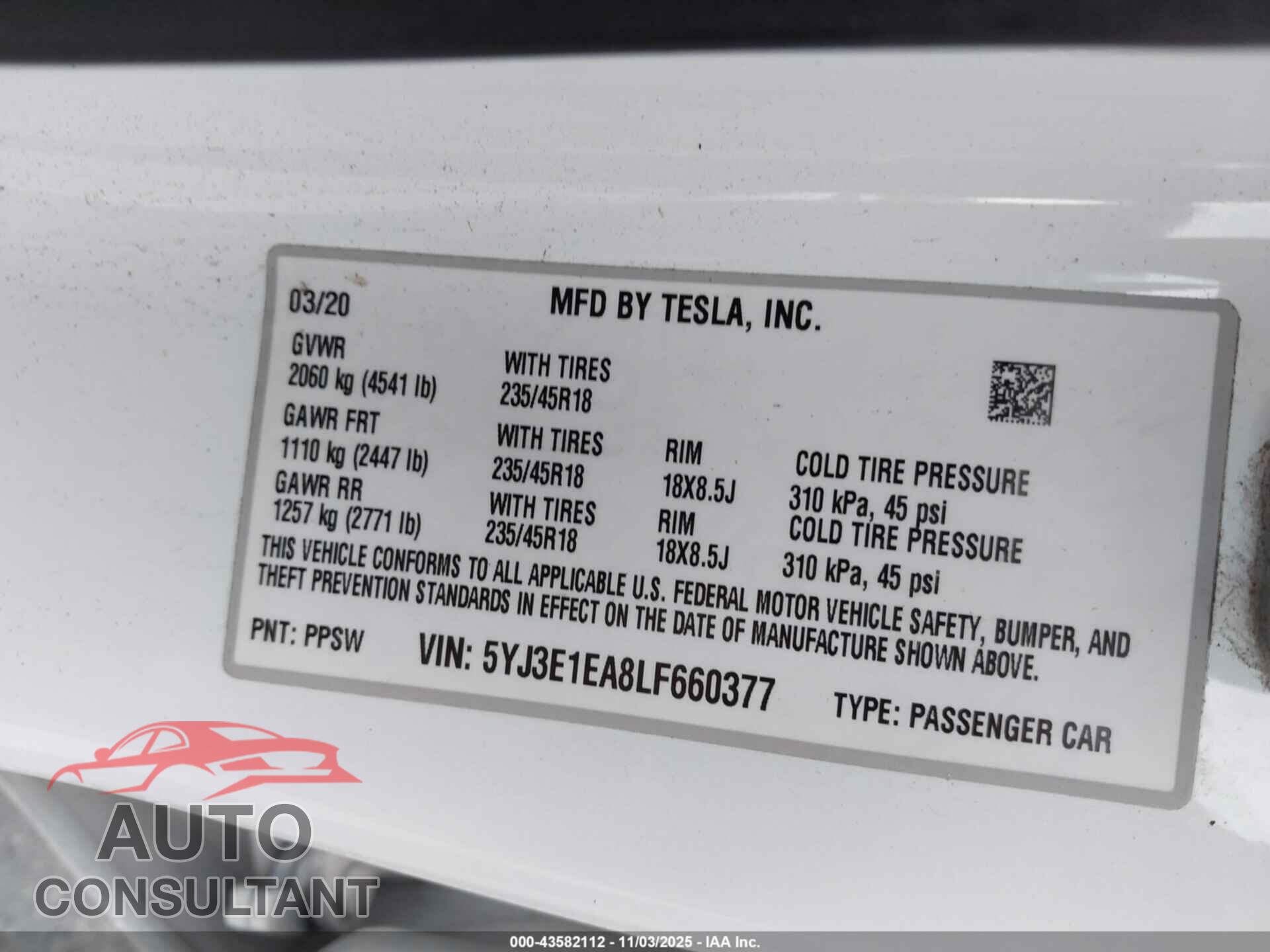TESLA MODEL 3 2020 - 5YJ3E1EA8LF660377