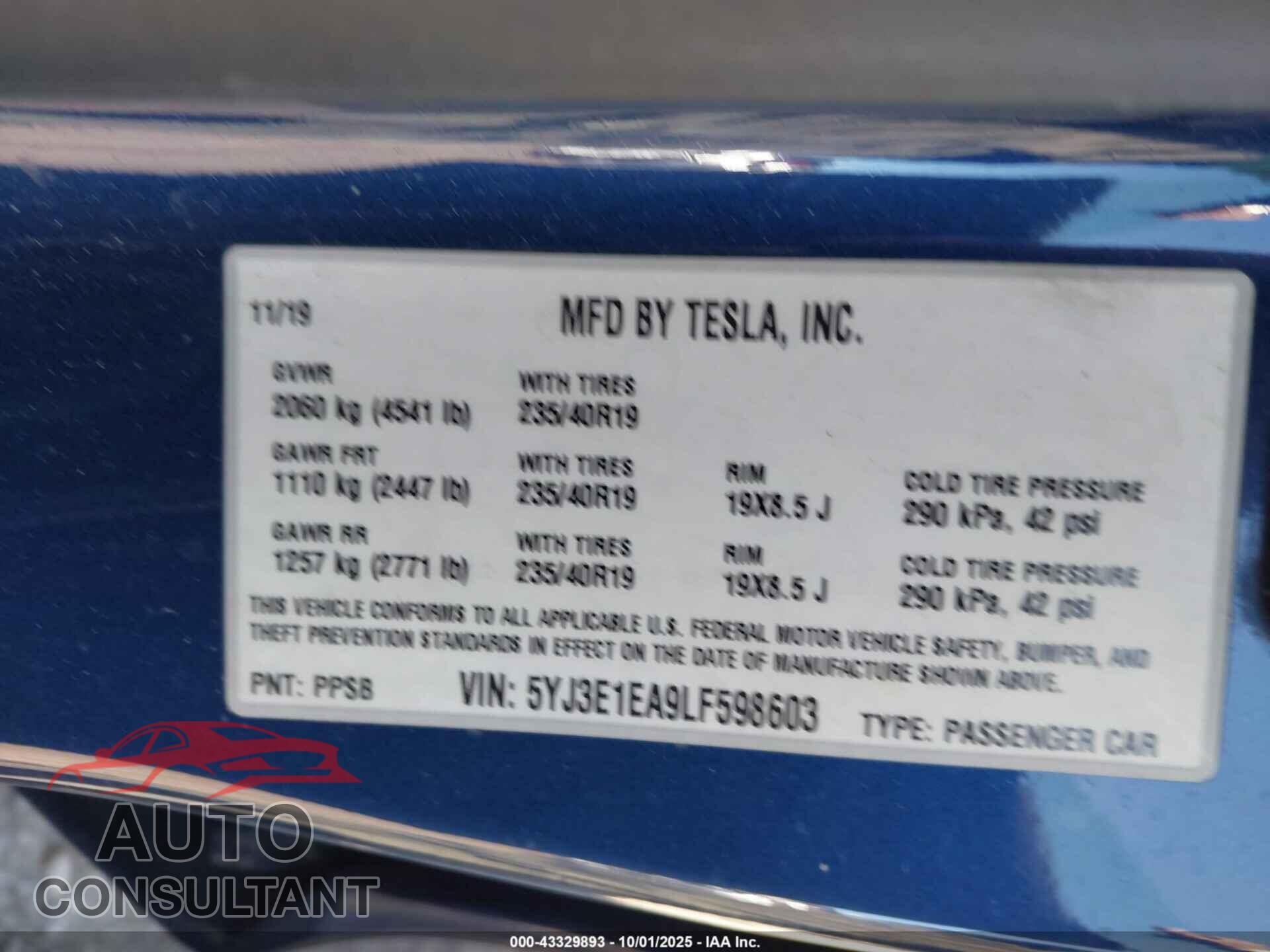 TESLA MODEL 3 2020 - 5YJ3E1EA9LF598603