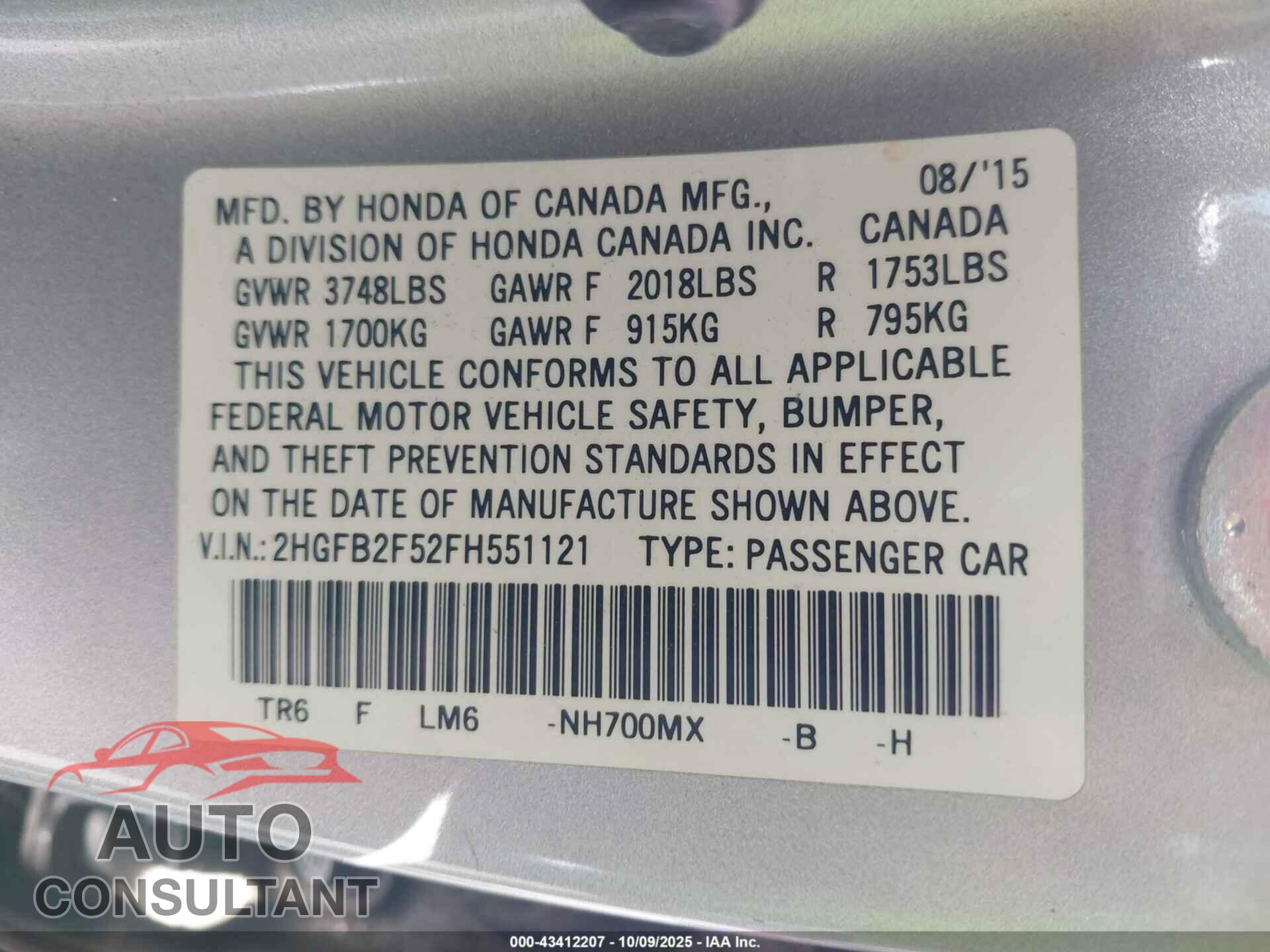 HONDA CIVIC 2015 - 2HGFB2F52FH551121