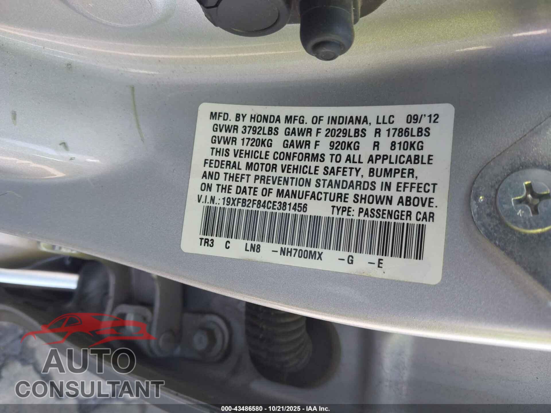 HONDA CIVIC 2012 - 19XFB2F84CE381456