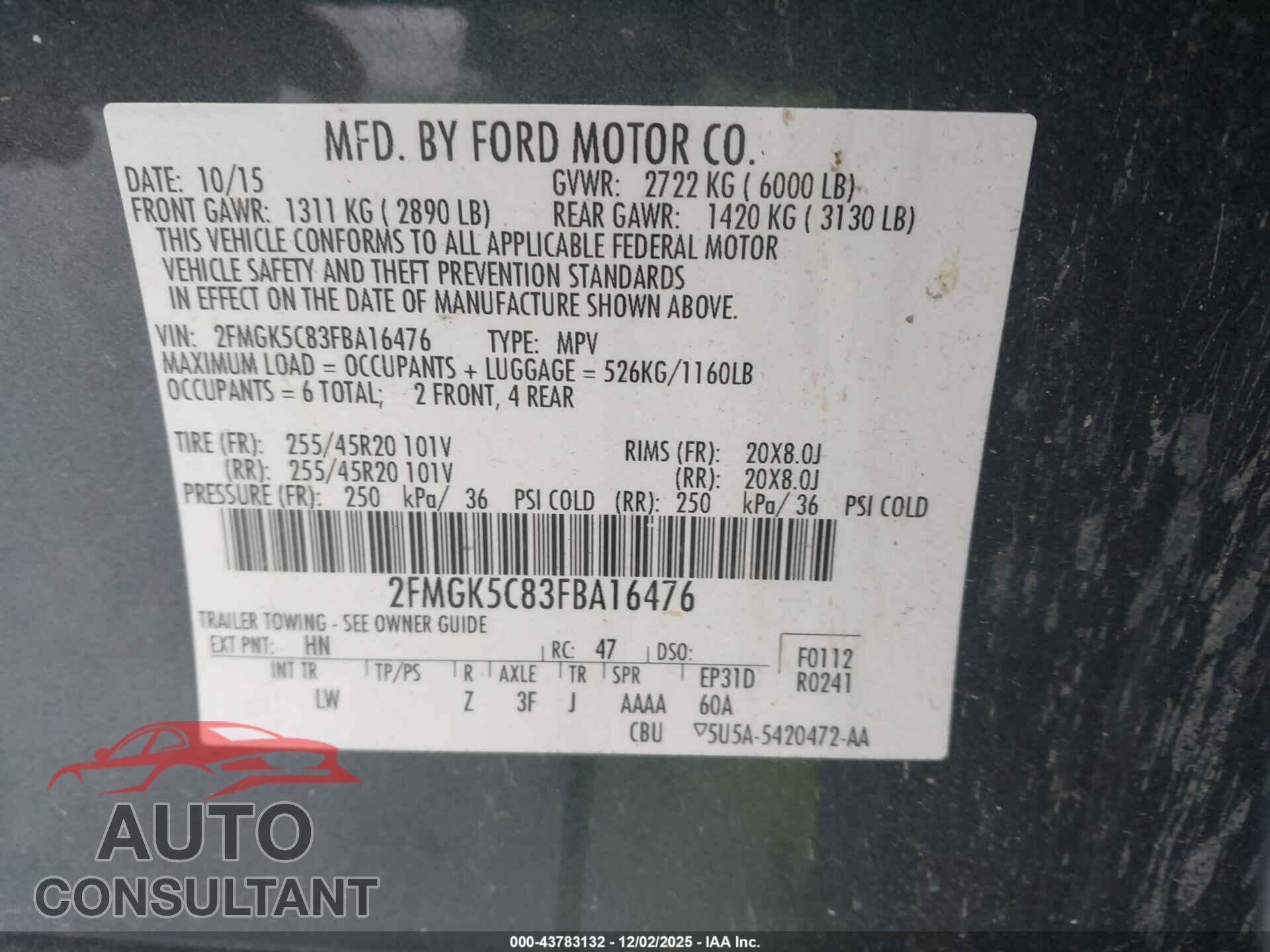 FORD FLEX 2015 - 2FMGK5C83FBA16476
