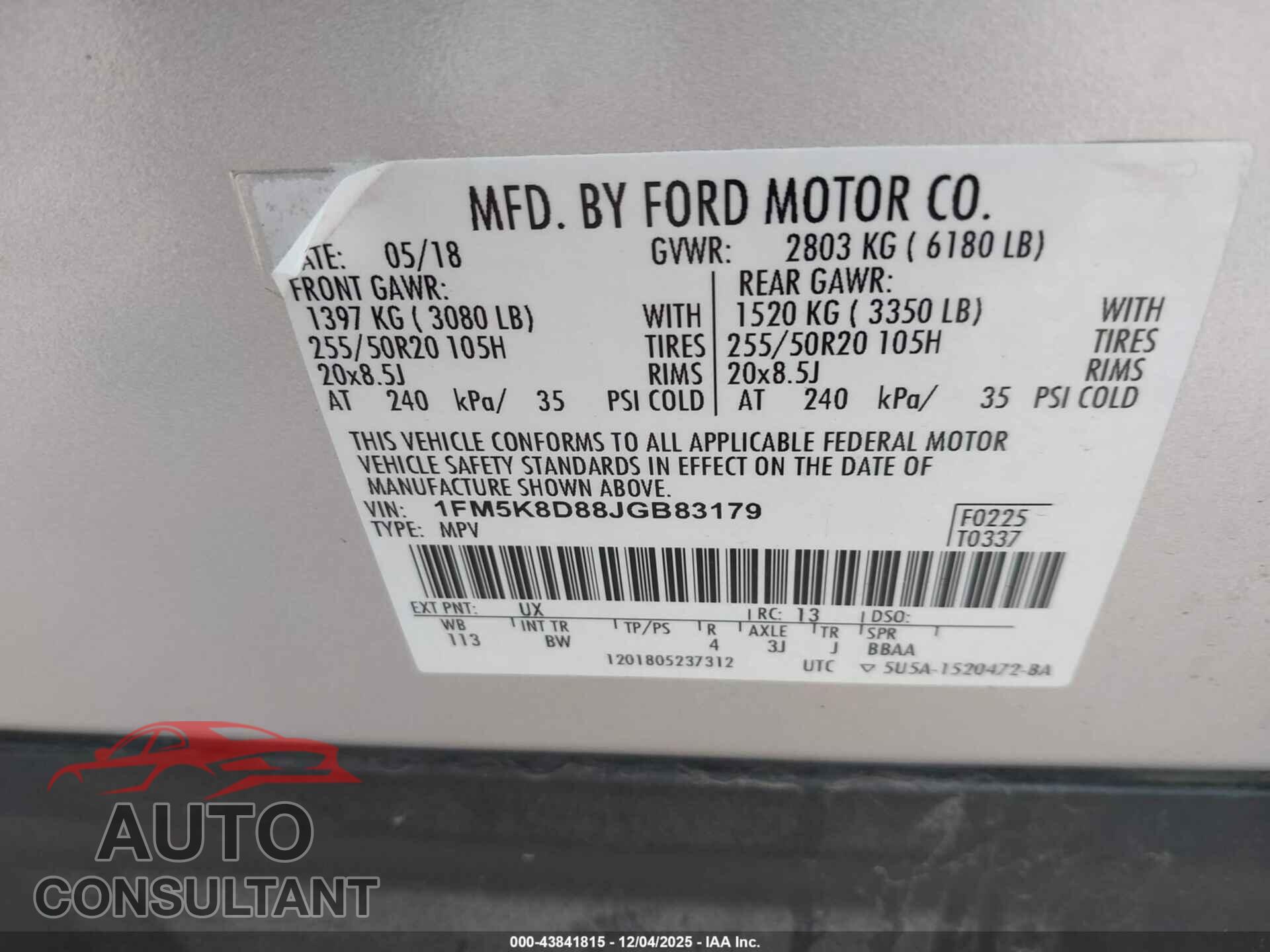 FORD EXPLORER 2018 - 1FM5K8D88JGB83179
