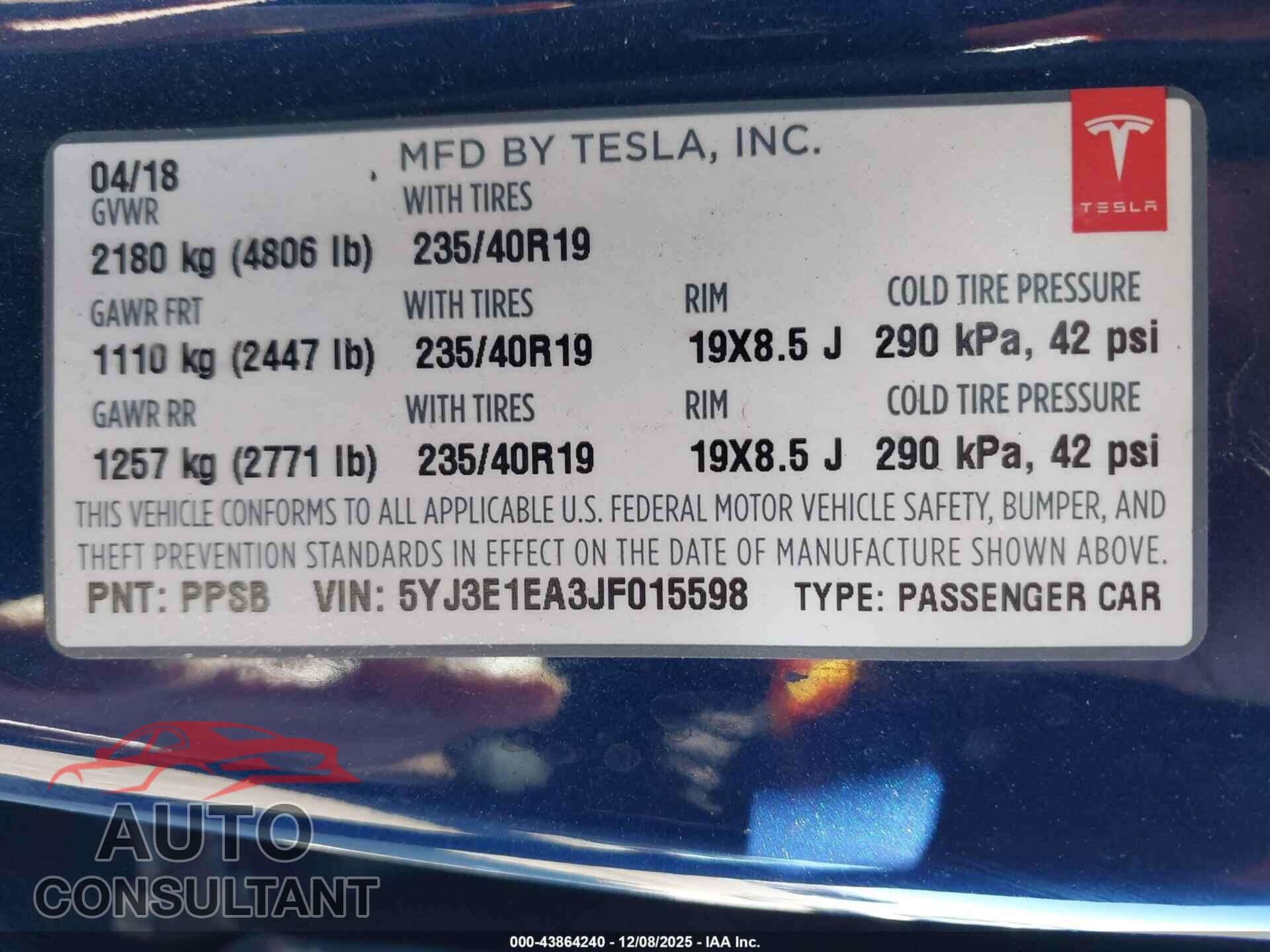 TESLA MODEL 3 2018 - 5YJ3E1EA3JF015598