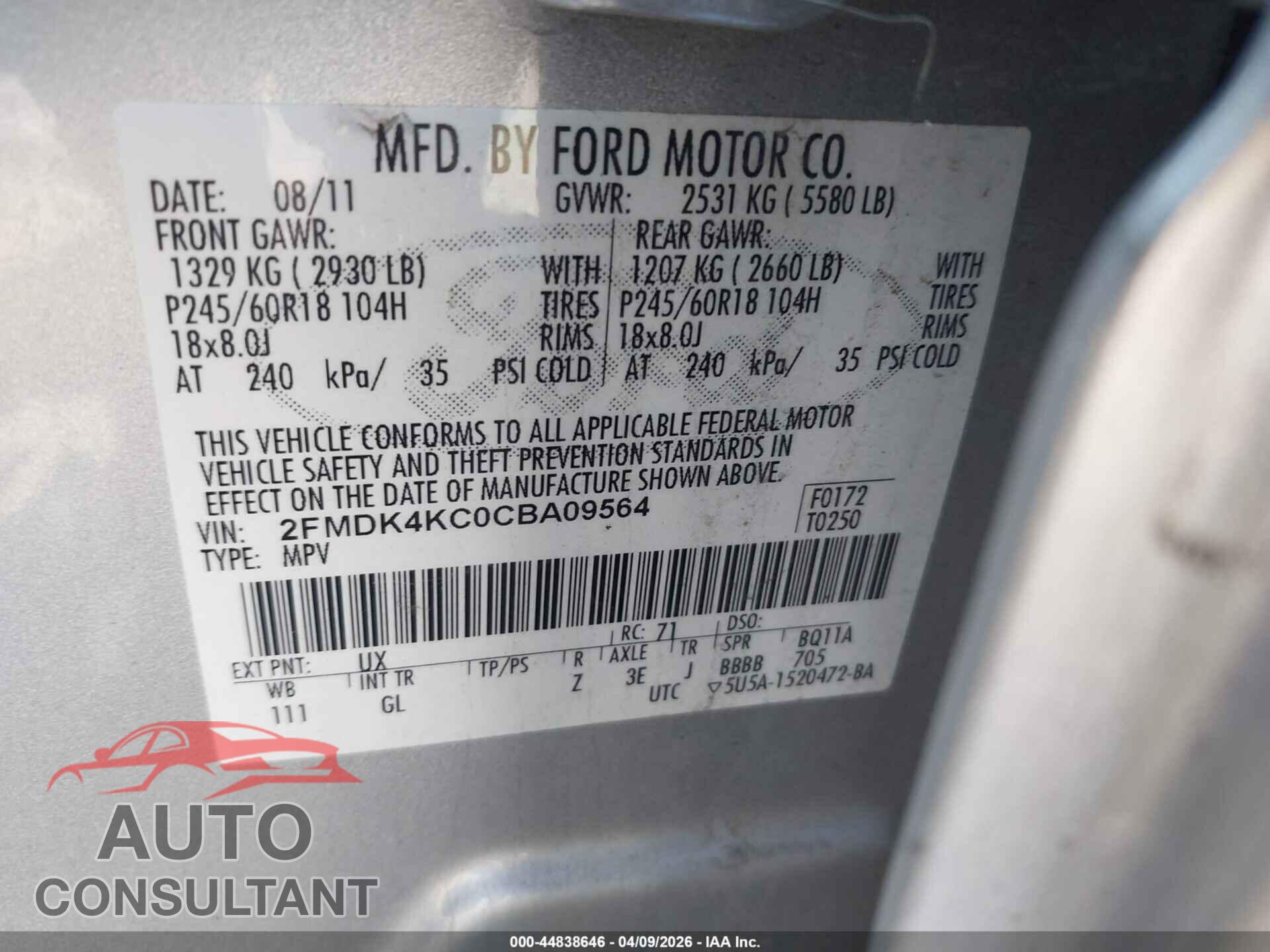 FORD EDGE 2012 - 2FMDK4KC0CBA09564