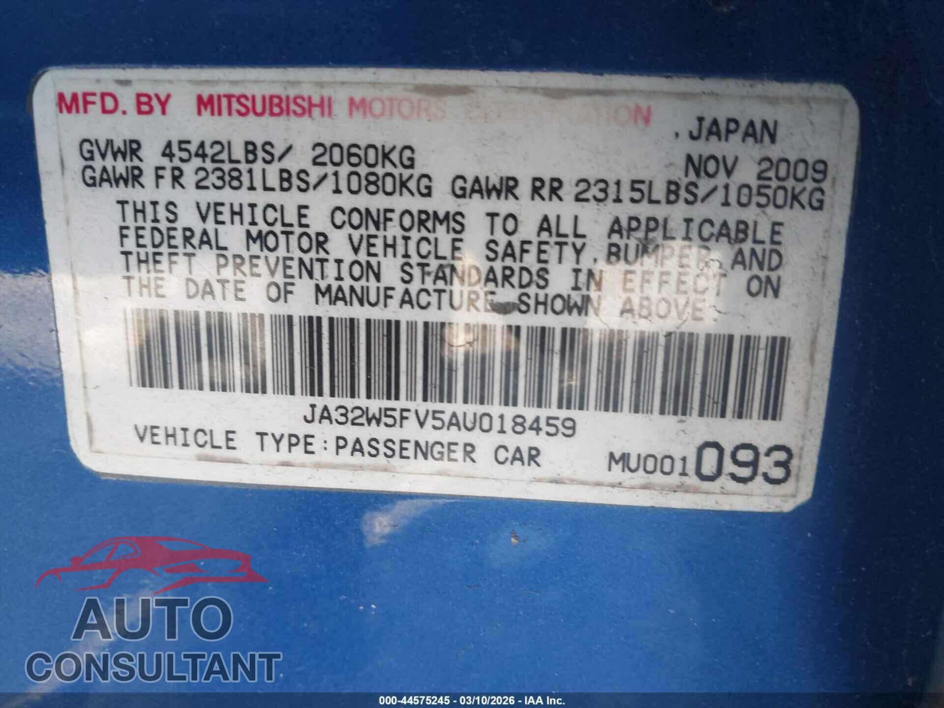 MITSUBISHI LANCER EVOLUTION 2010 - JA32W5FV5AU018459