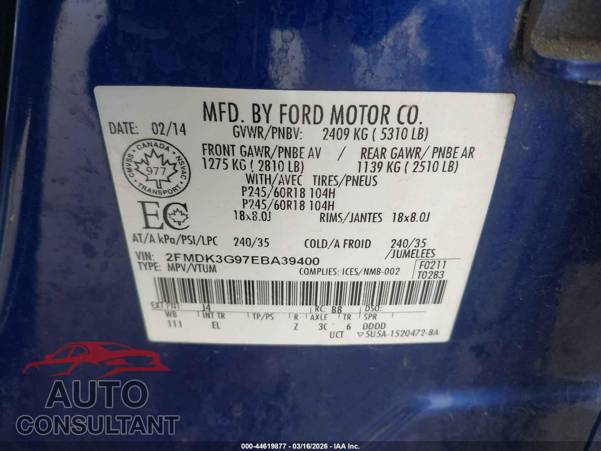 FORD EDGE 2014 - 2FMDK3G97EBA39400