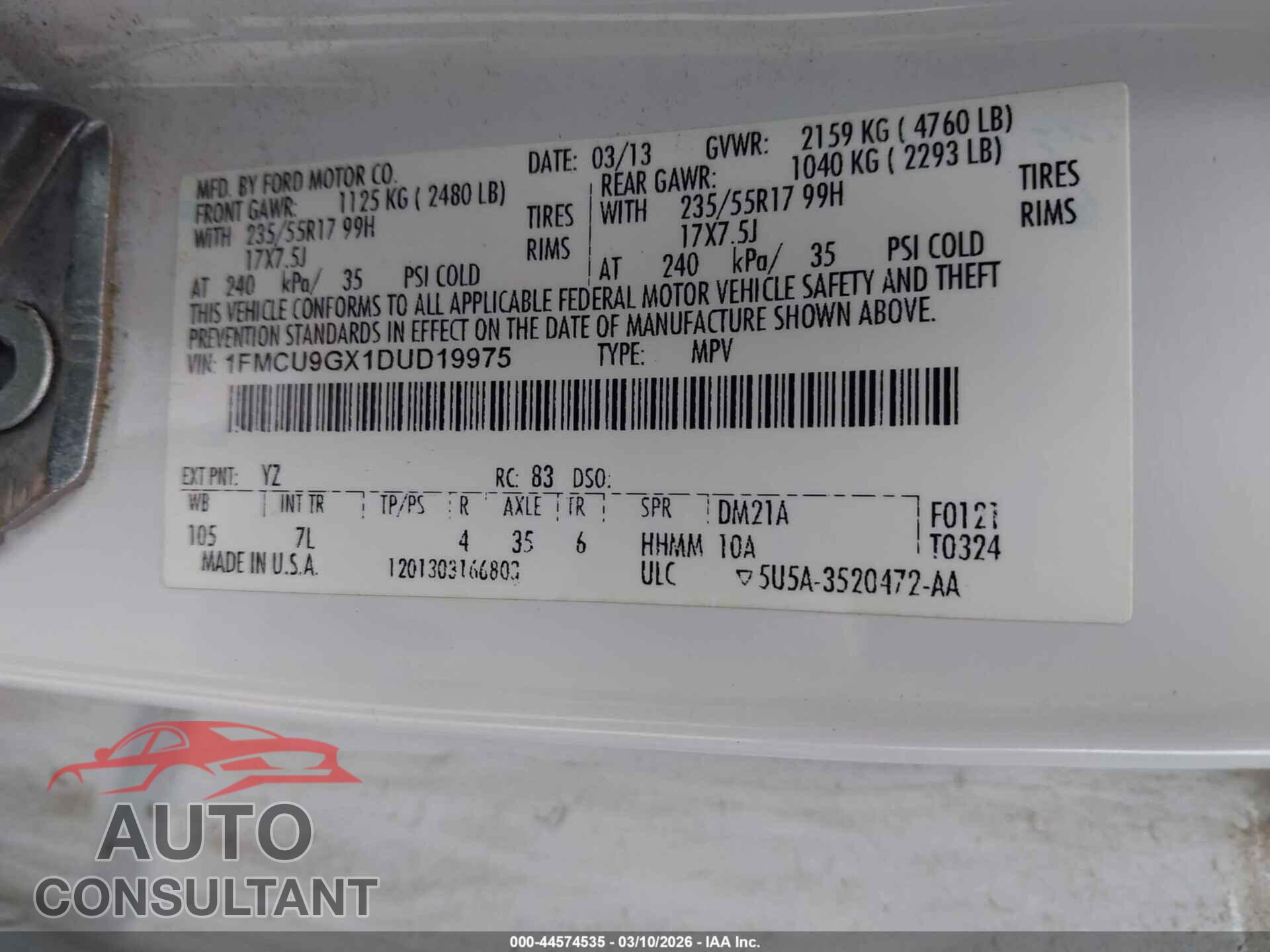 FORD ESCAPE 2013 - 1FMCU9GX1DUD19975