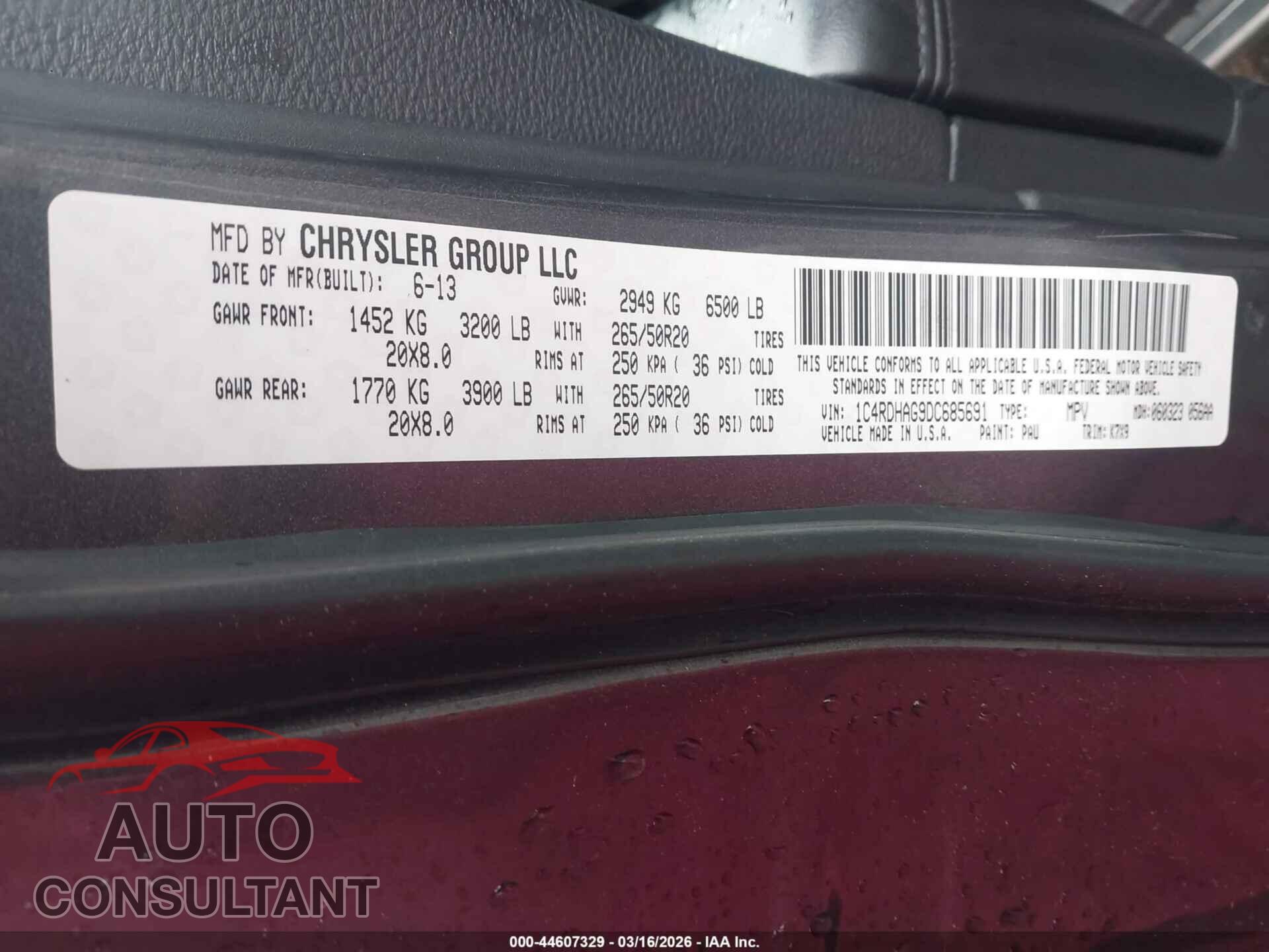 DODGE DURANGO 2013 - 1C4RDHAG9DC685691