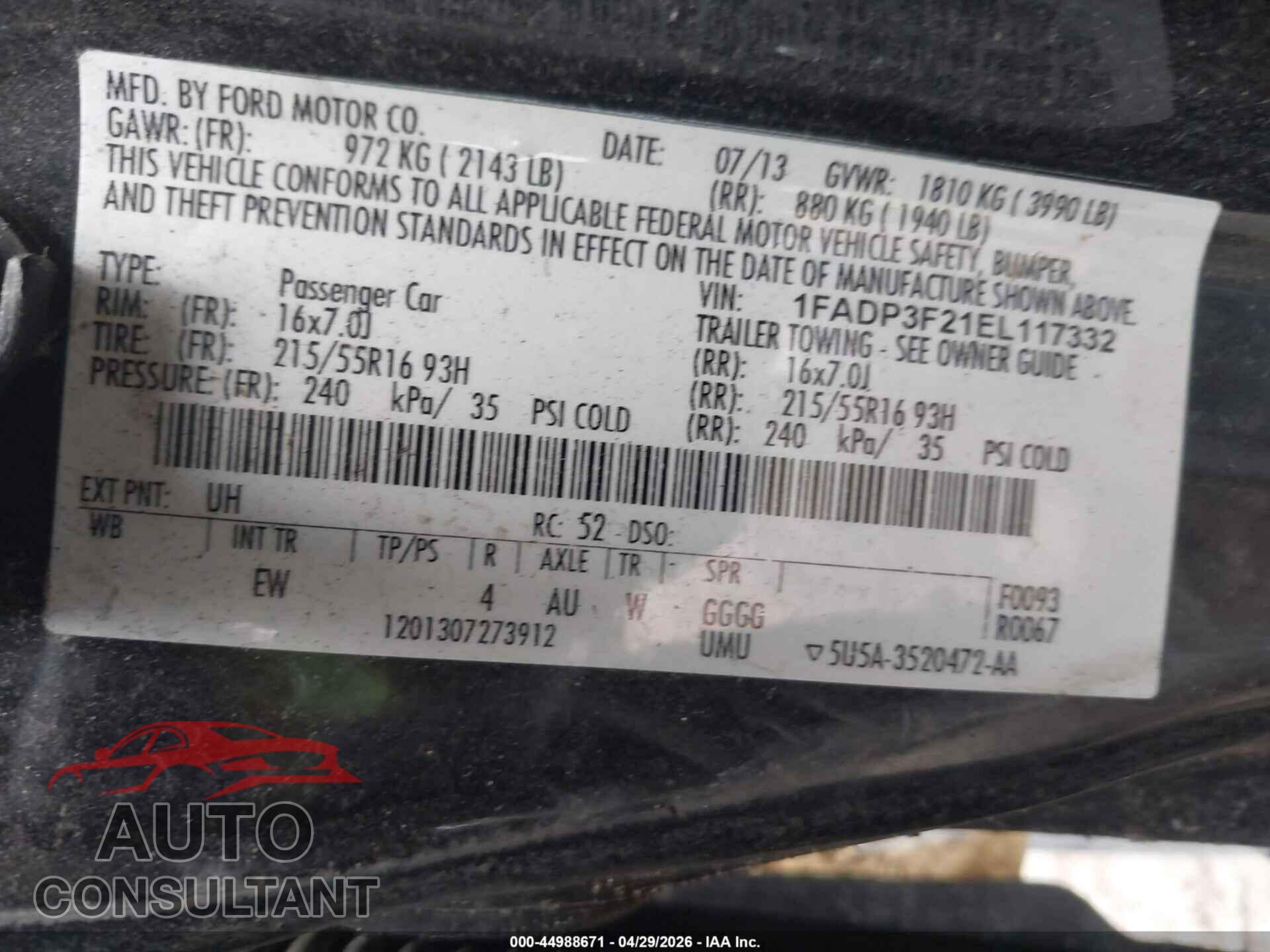 FORD FOCUS 2014 - 1FADP3F21EL117332