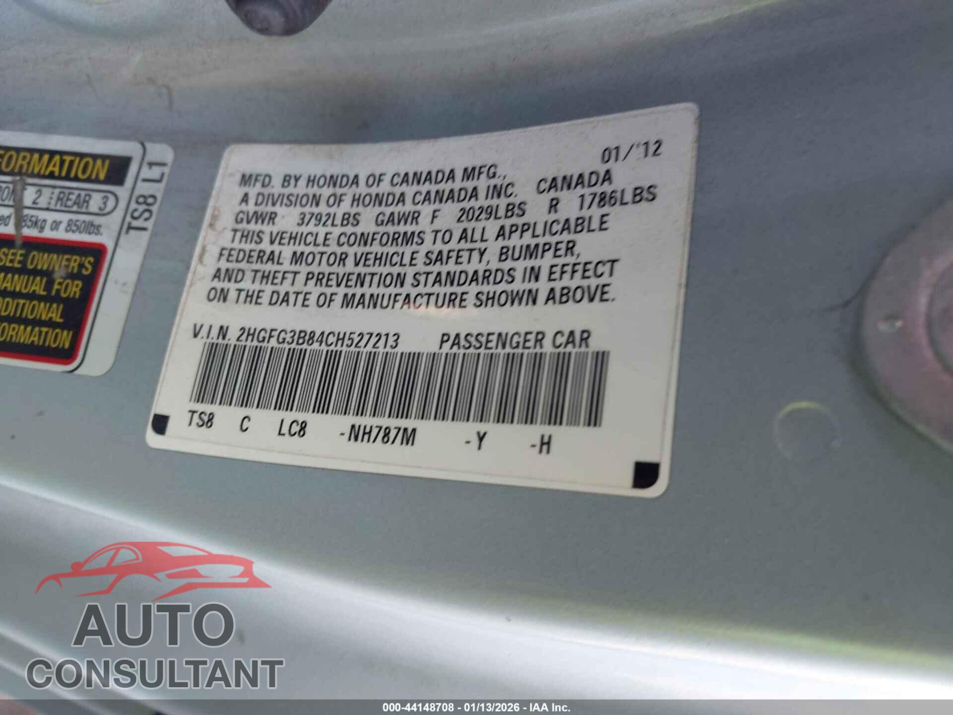 HONDA CIVIC 2012 - 2HGFG3B84CH527213