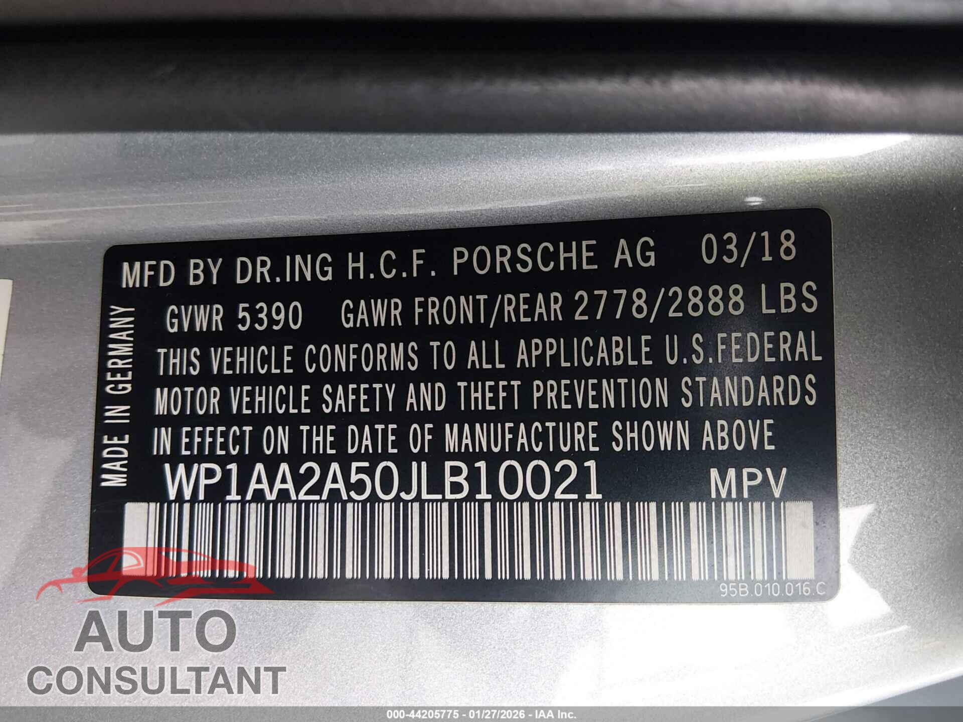 PORSCHE MACAN 2018 - WP1AA2A50JLB10021