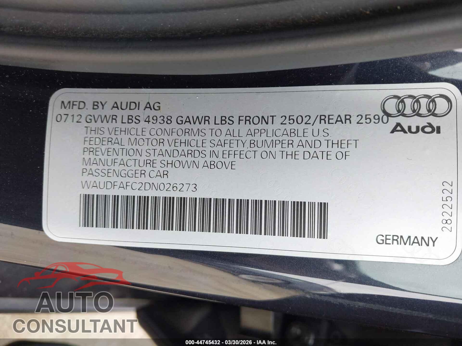 AUDI A6 2013 - WAUDFAFC2DN026273