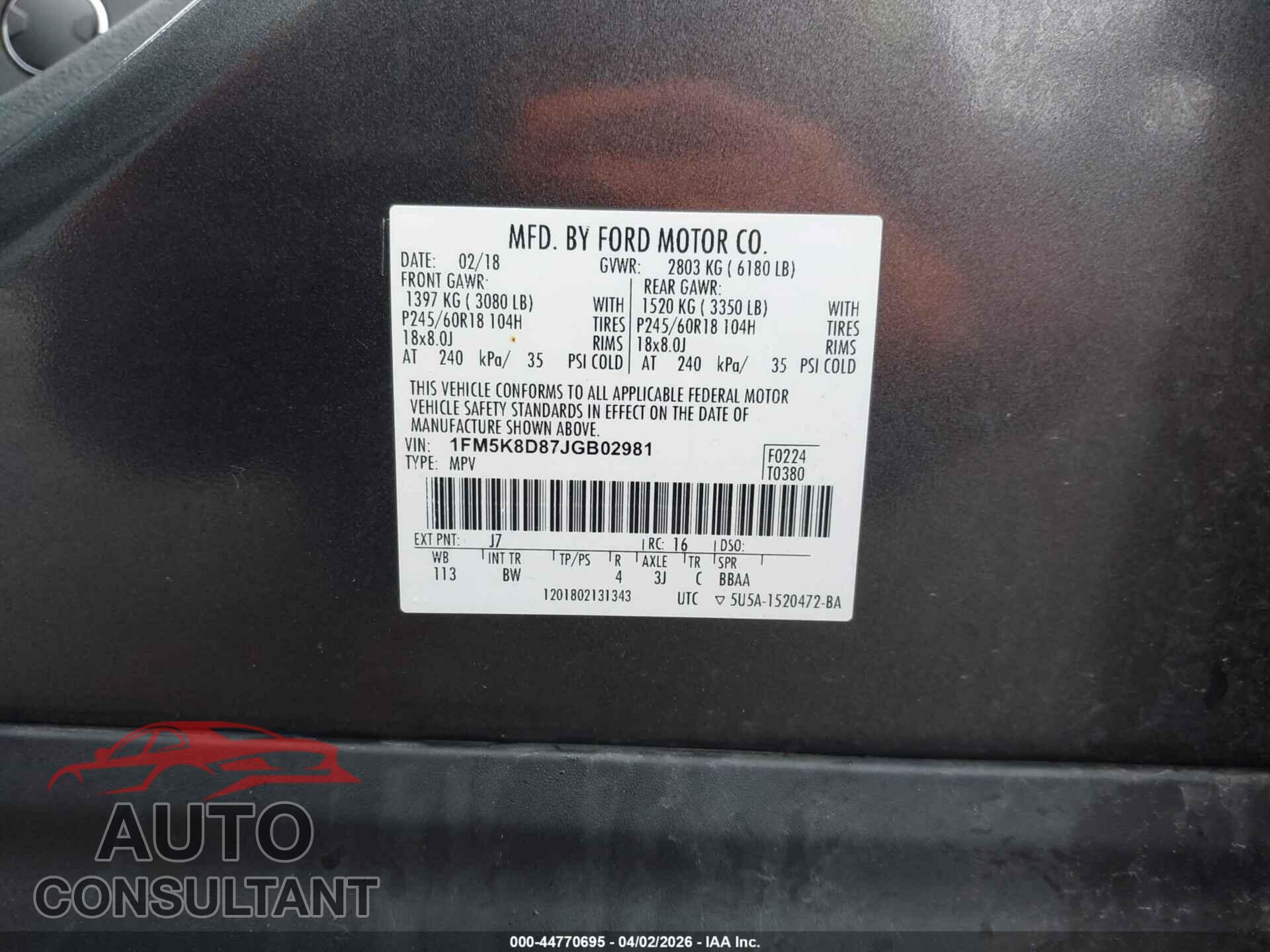 FORD EXPLORER 2018 - 1FM5K8D87JGB02981