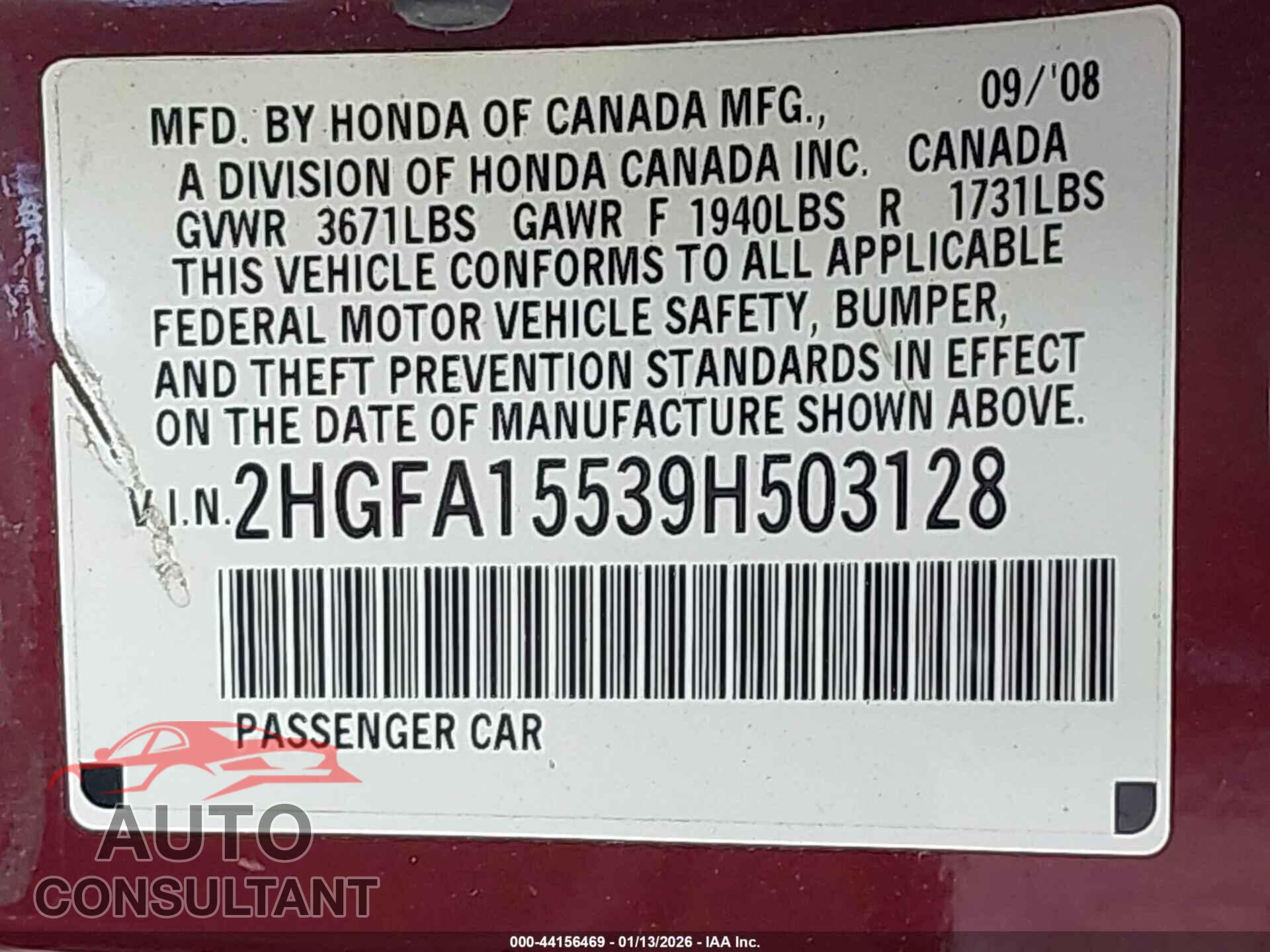 HONDA CIVIC 2009 - 2HGFA15539H503128