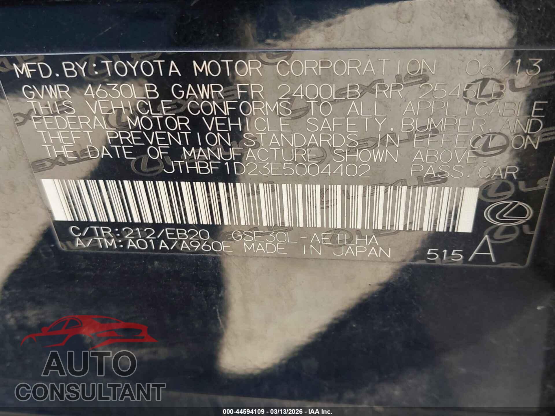 LEXUS IS 250 2014 - JTHBF1D23E5004402