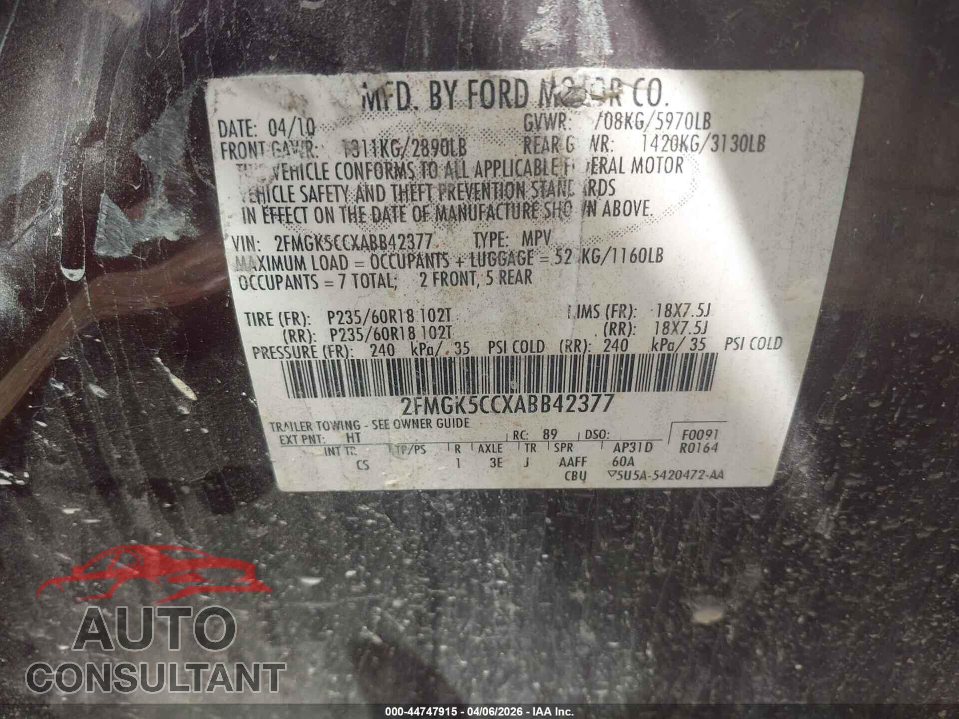 FORD FLEX 2010 - 2FMGK5CCXABB42377