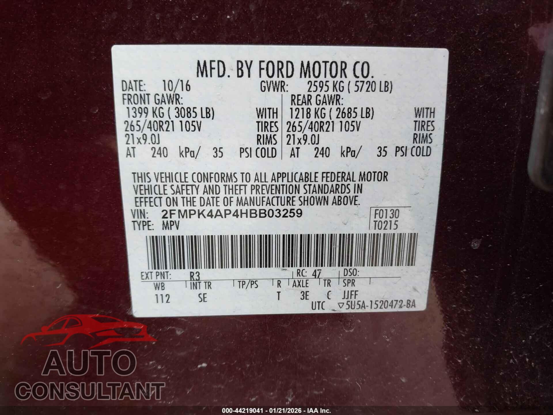 FORD EDGE 2017 - 2FMPK4AP4HBB03259